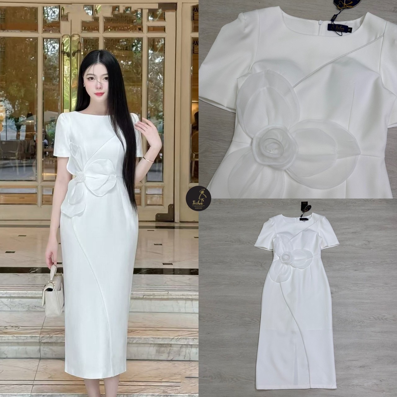เดรสยาวสีขาวทรงเข้ารูป แขนสั้น ช่วงไหล่และอกเสริมฟองน้ำ ดีไซน์แต่งดอกไม้เห็ยบติดมาเดรส อลังสุดๆ แต่งขอบกุ้นจากไหล่โค้งถึงชายกระโปรง สวยมาก แต่งผ่าหลัง ซิปหลังช่อนอย่างดี งานสวย เนื้อผ้าดี คัตติ๊งเป๊ะ ห้ามพลาด