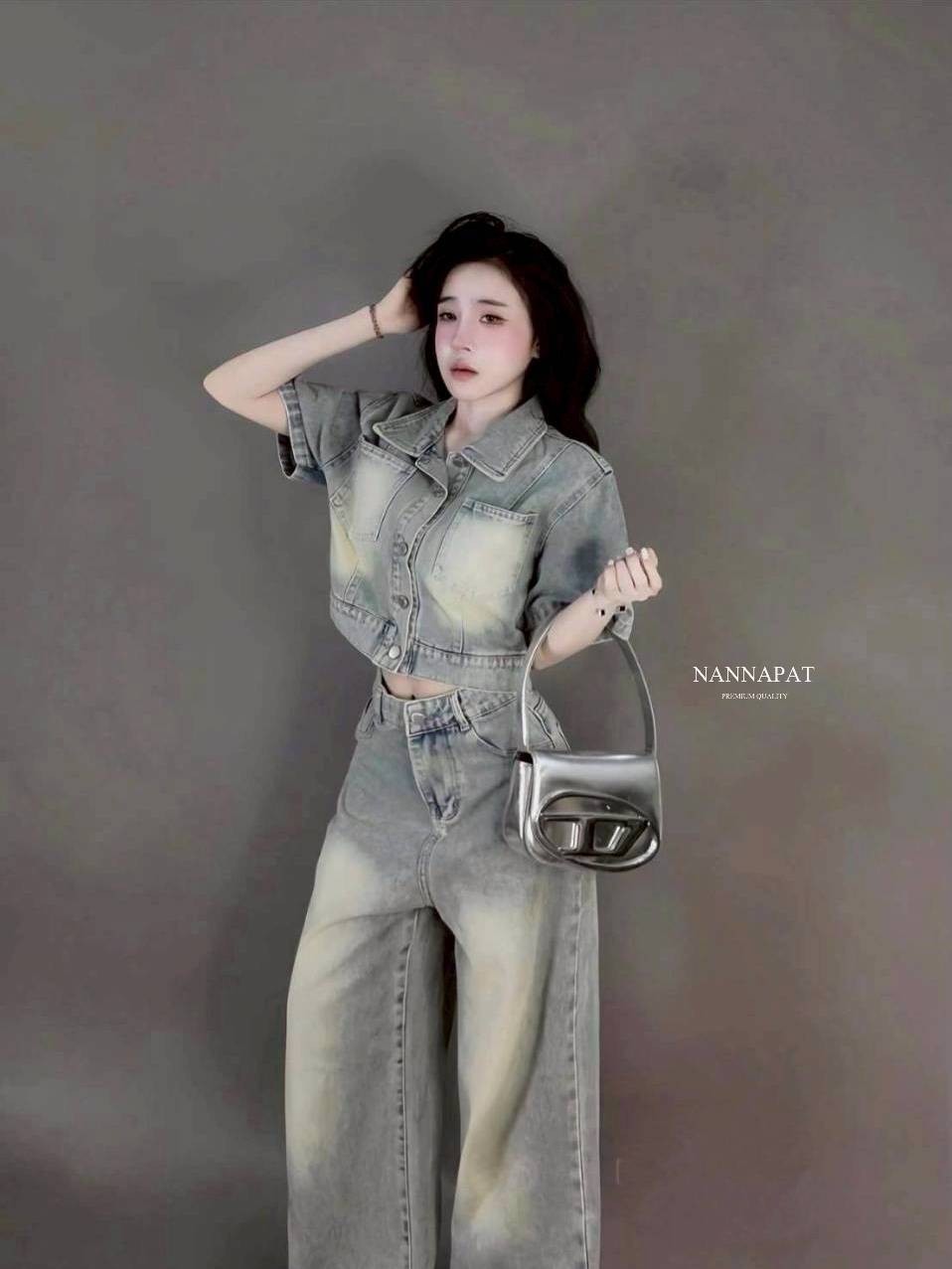 set ยีนส์แท้ฟอกซีดโครตดี เสื้อดีไซน์เก๋ +กางเกงทรงสวยมาก