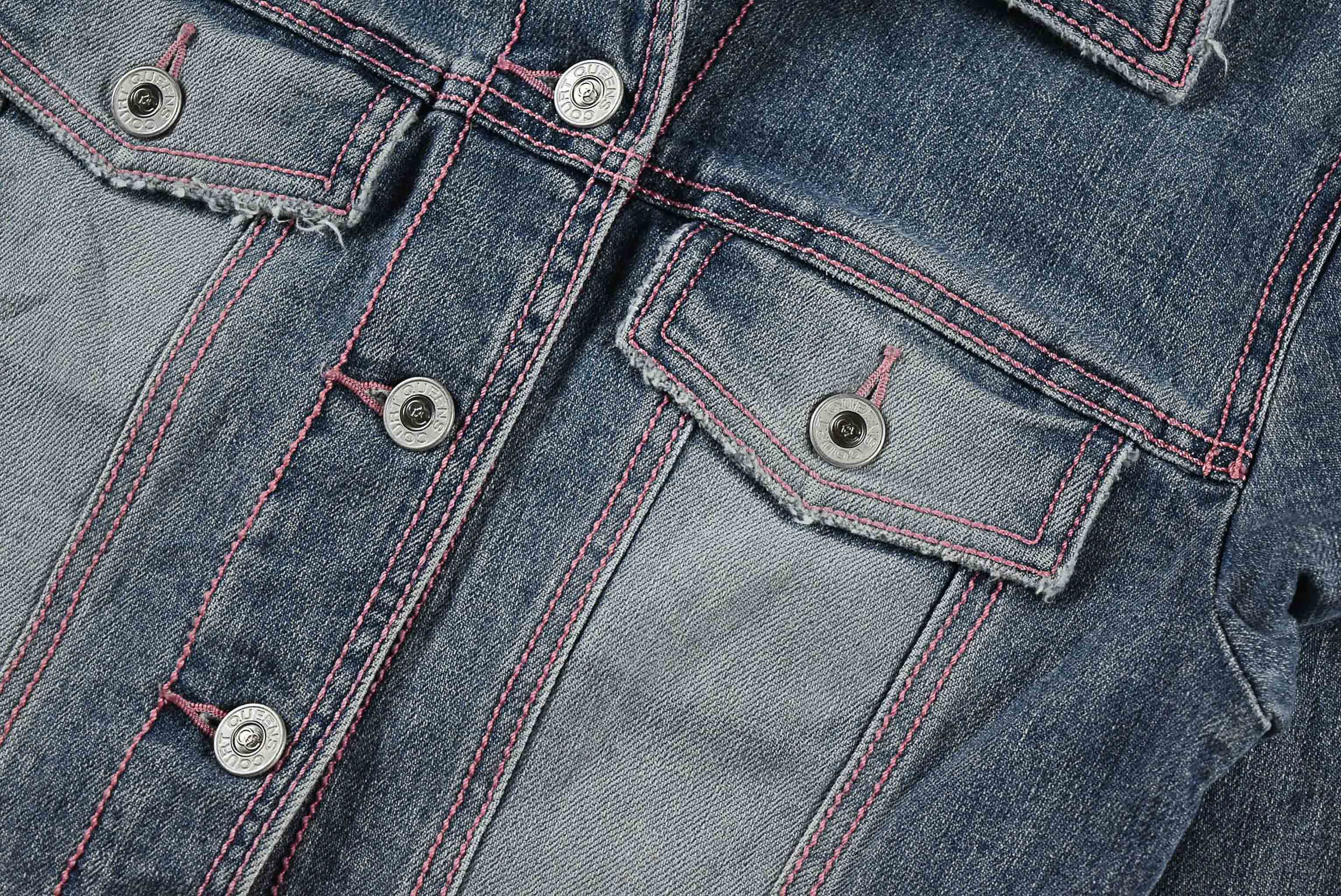 OUEENS COURT อกจริง 33 ไซส์ 150 เสื้อแจ็คเก็ตยีนส์ แขนยาว เด็กชายหญิง สีฟอก ตะเข็บสีชมพู ทรงน่ารัก ใส่คลุมกันแดด