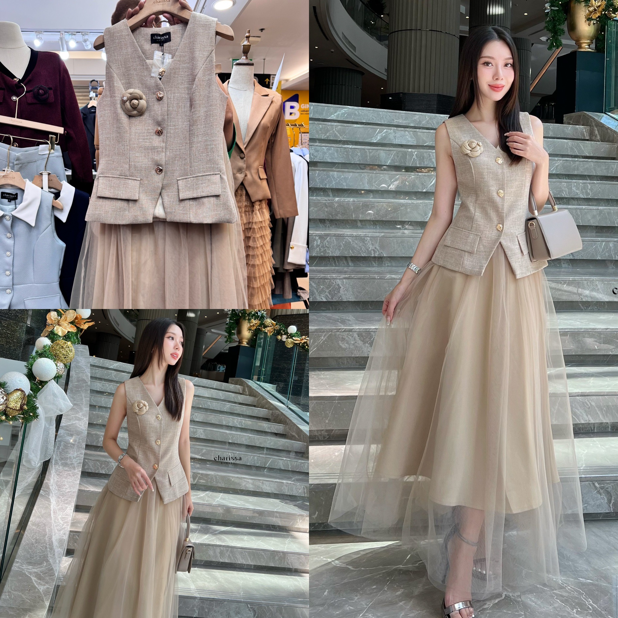 set 3 ชิ้น : เสื้อแขนกุด+กระโปรงมุ้งยาว+ เข็มกลัดดอกไม้