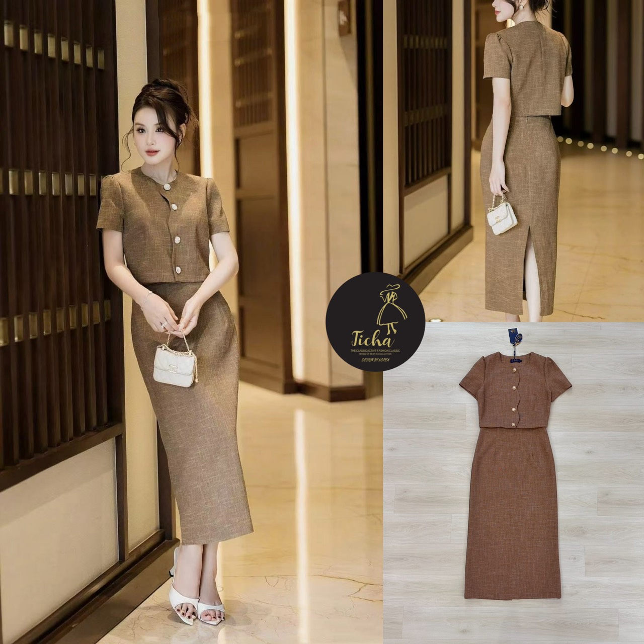 ชุด Set2ชิ้น เสื้อแขนสั้นสีน้ำตาล ดีเทลกระดุมหน้า (ใช้งานได้จริง) มาพร้อมกระโปรงสีเดียวกันทรงสอบดีเทลผ่าหลัง ดีไซน์สวย (มีซิปหลัง) เย็บซับในอย่างดี