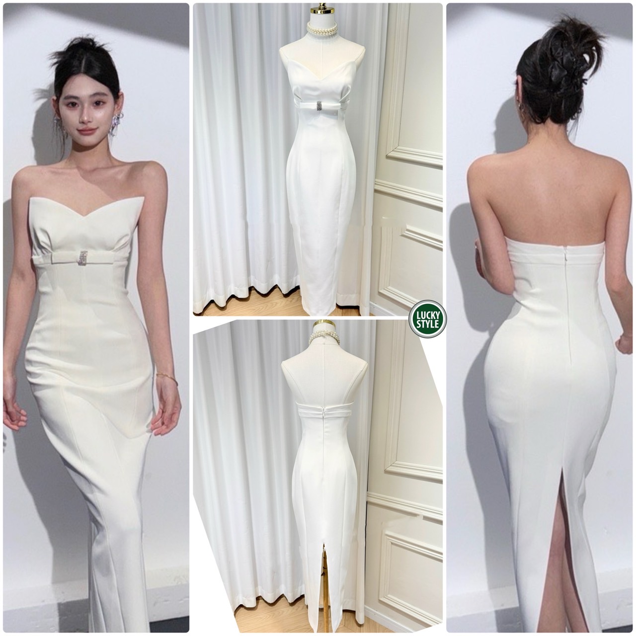 เดรสเป็นทรงเข้ารูป ตัวพื้นผ้าเป็นผ้าPoly ช่วงเอวติดโบว์เพชรสวยงาม เดรสใส่แบบพอดีตัวดูหวานหรู กระโปรงเปรี้ยวทรงสอบด้านหลังปลายกระโปรงแหวกสวยเรียบหรู