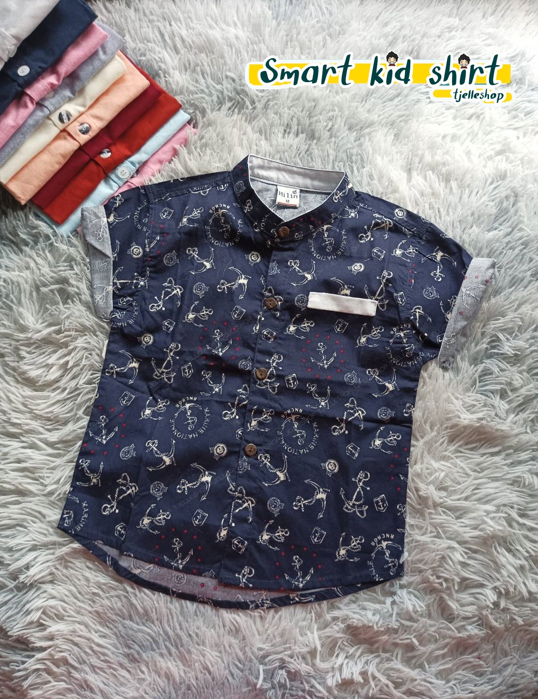 เสื้อเชิ้ตเด็ก แขนสั้น คอจีน ลาย