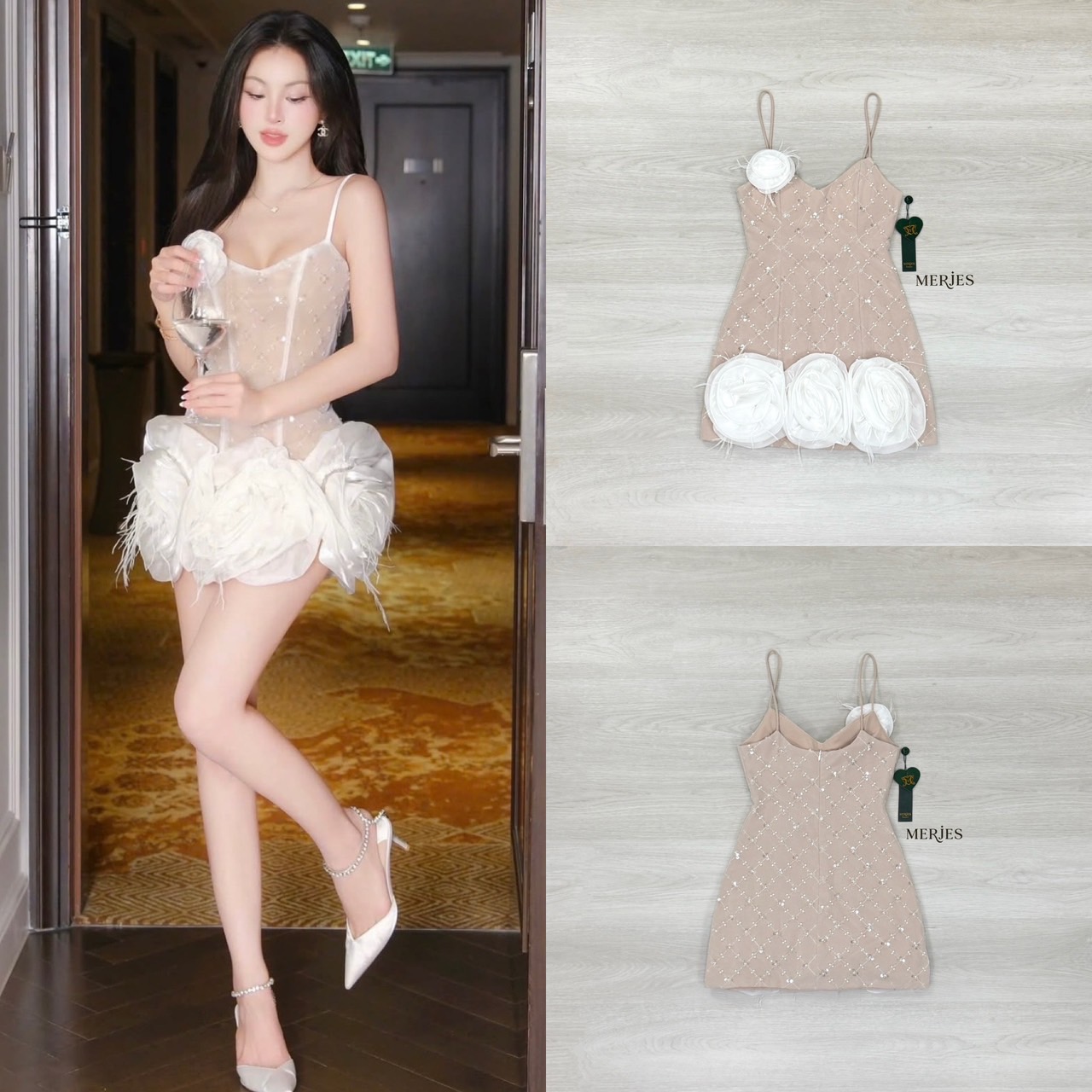 มินิเดรสสายเดี่ยวทรงเข้ารูปเย็บทับด้วยผ้าวิ้งปักมุกสีขาวตัวซับเสื้อเป็นสีเนื้อ อกมีฟองน้ำเสริม แต่งด้วยดอกไม้ช่วงอก และดอกไม้ใหญ่ชายกระโปรงดื่มความสวยเก๋แอบมีความเซ็กซี่ ออกงานปาร์ตี้สวยๆเลยคะ