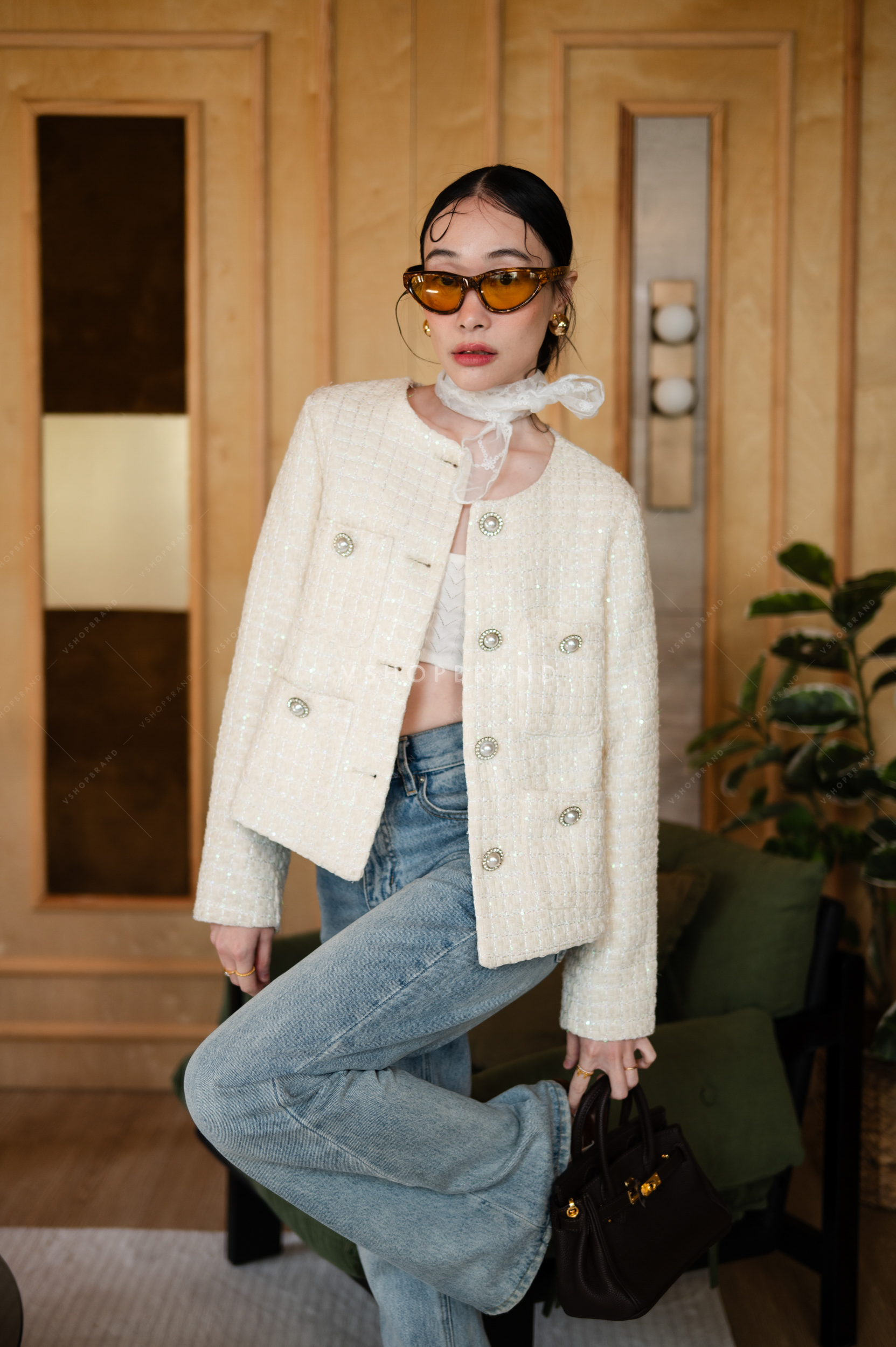 เสื้อคลุมผ้าทวิตทอตารางเลื่อม 4 กระเป๋า