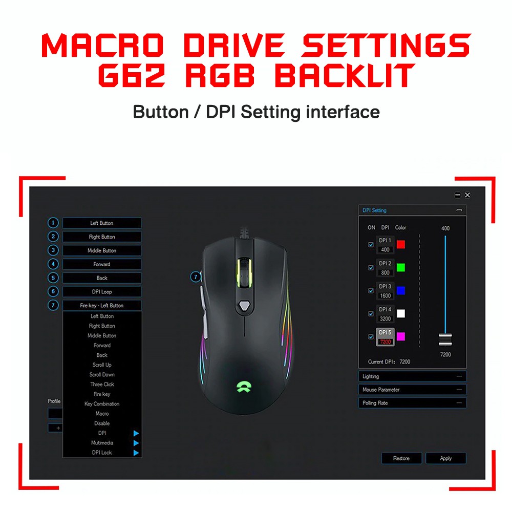OKER G62 MOUSE MACRO USB 7200DPI ESPORTS GAMING RGB MECHANICAL SKU-02953