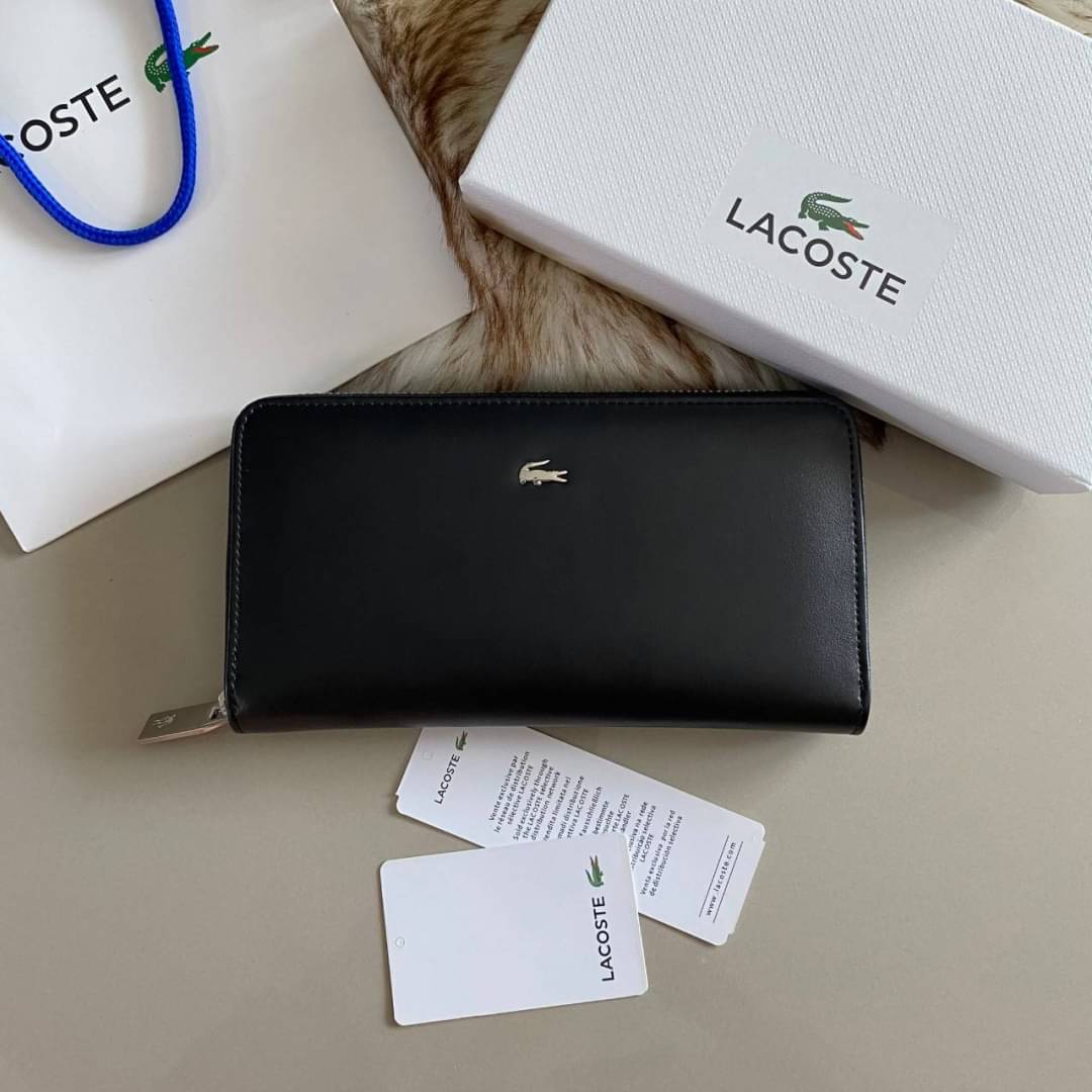 กระเป๋าสตางค์ใบยาวซิปรอบแบรนด์เนมลาคอสหนังแท้สีดำใช้ได้ทั้งชายหญิง LACOSTE LONG WALLET