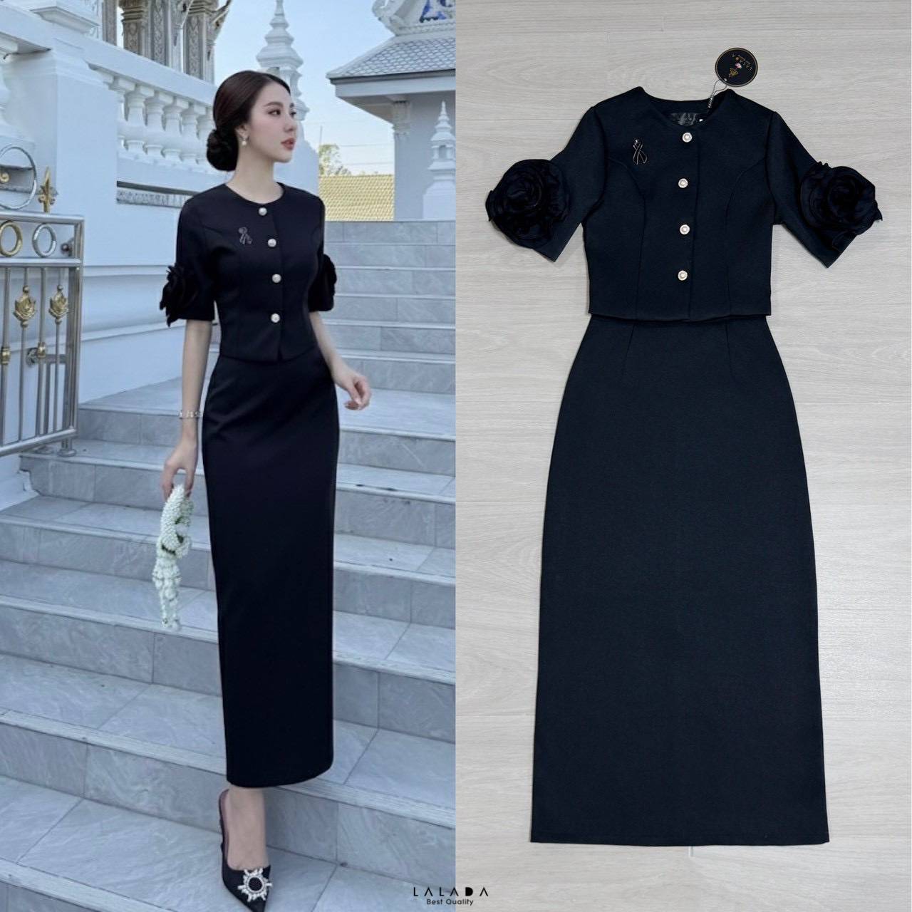 set 2 ชิ้น เสื้อดำกระดุมหน้าแต่งดอกไม้ช่วงแขน + กระโปรงยาวงานซิปหลัง ชุดดำแบบสุภาพใส่ออกงาน ใส่ทำงานได้หมดค่ะ + เข็มกลัดไว้อาลัย