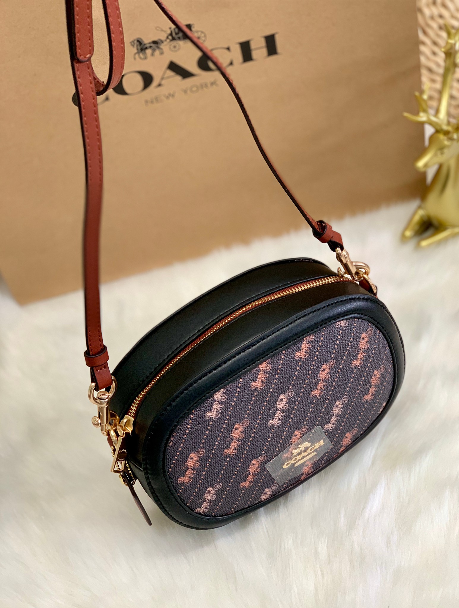 กระเป๋าสะพายทรงกล่องกลมไฮโซน่ารักเก๋ๆ แบรนด์เนมโค้ชสีดำลายรถม้า COACH CAMERA BAG WITH HORSE AND CARRIAGE DOT PRINT ((C4057))
