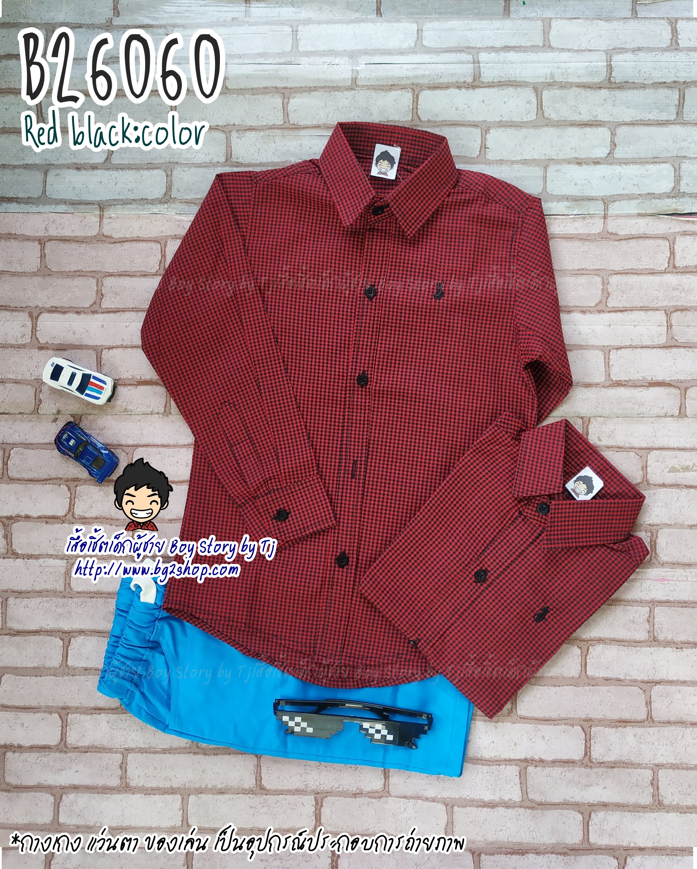 B26060 เสื้อเชิ้ตเด็ก แขนยาว ลายสก็อตแดงดำ Size L