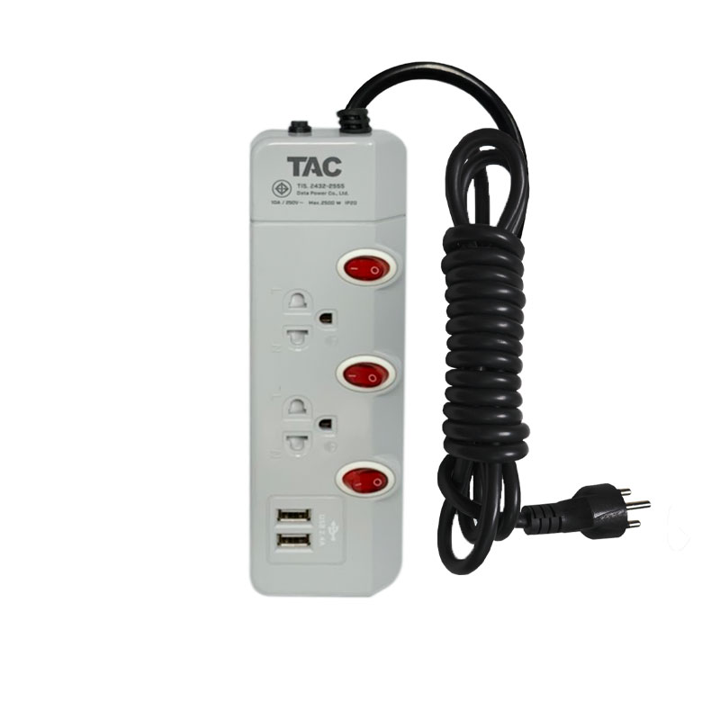 TAC รางปลั๊กไฟ รางปลั๊กพ่วง แบบ 2เต้ารับ ช่องเสียบ 3 สวิทย์ 2USB 3M SKU-01935