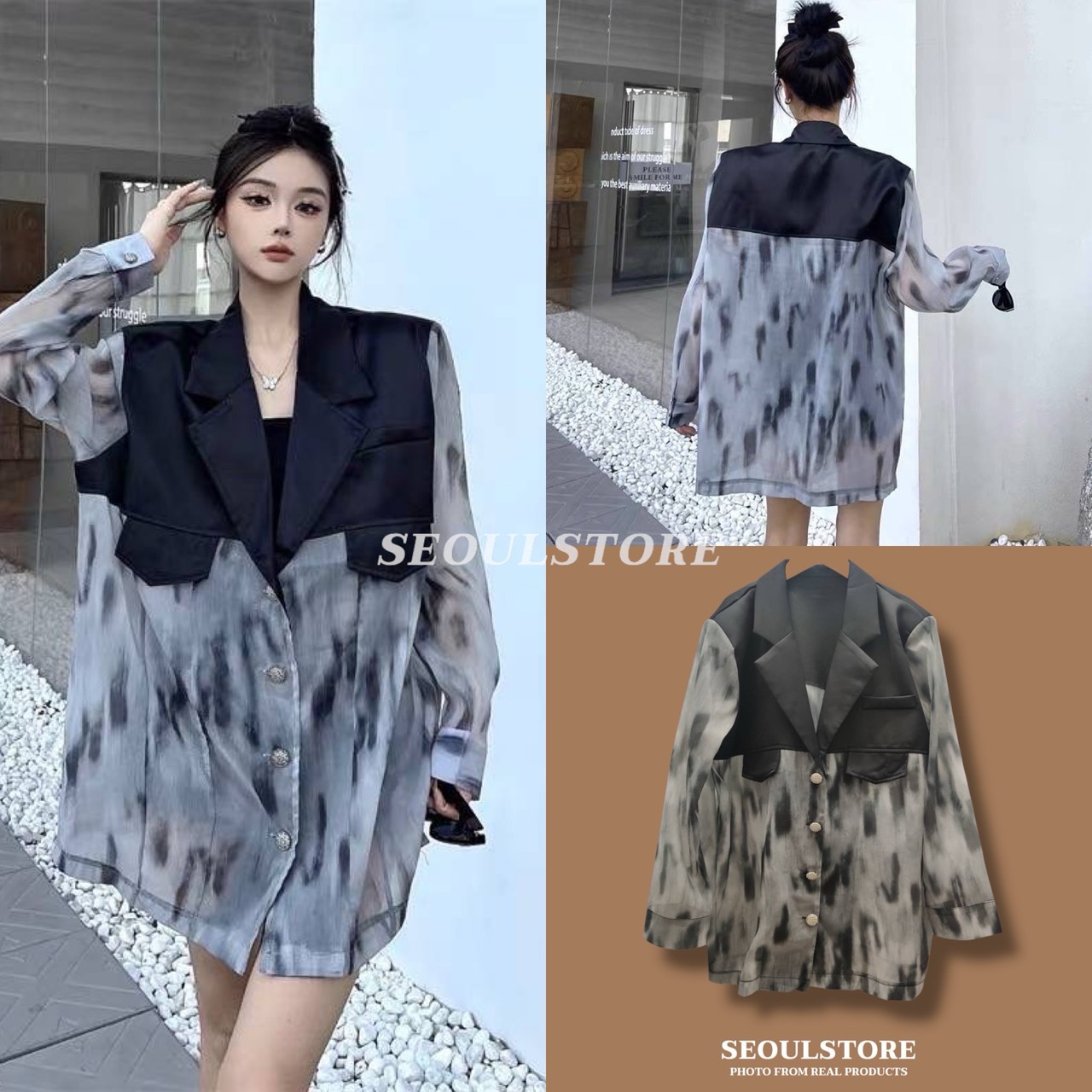 เสื้อคลุมแขนยาว ตัดต่อ ผ้าพิมพ์ลายกราฟริกดีเทล สวย ทรงหลวมใส่สบายค่ะ