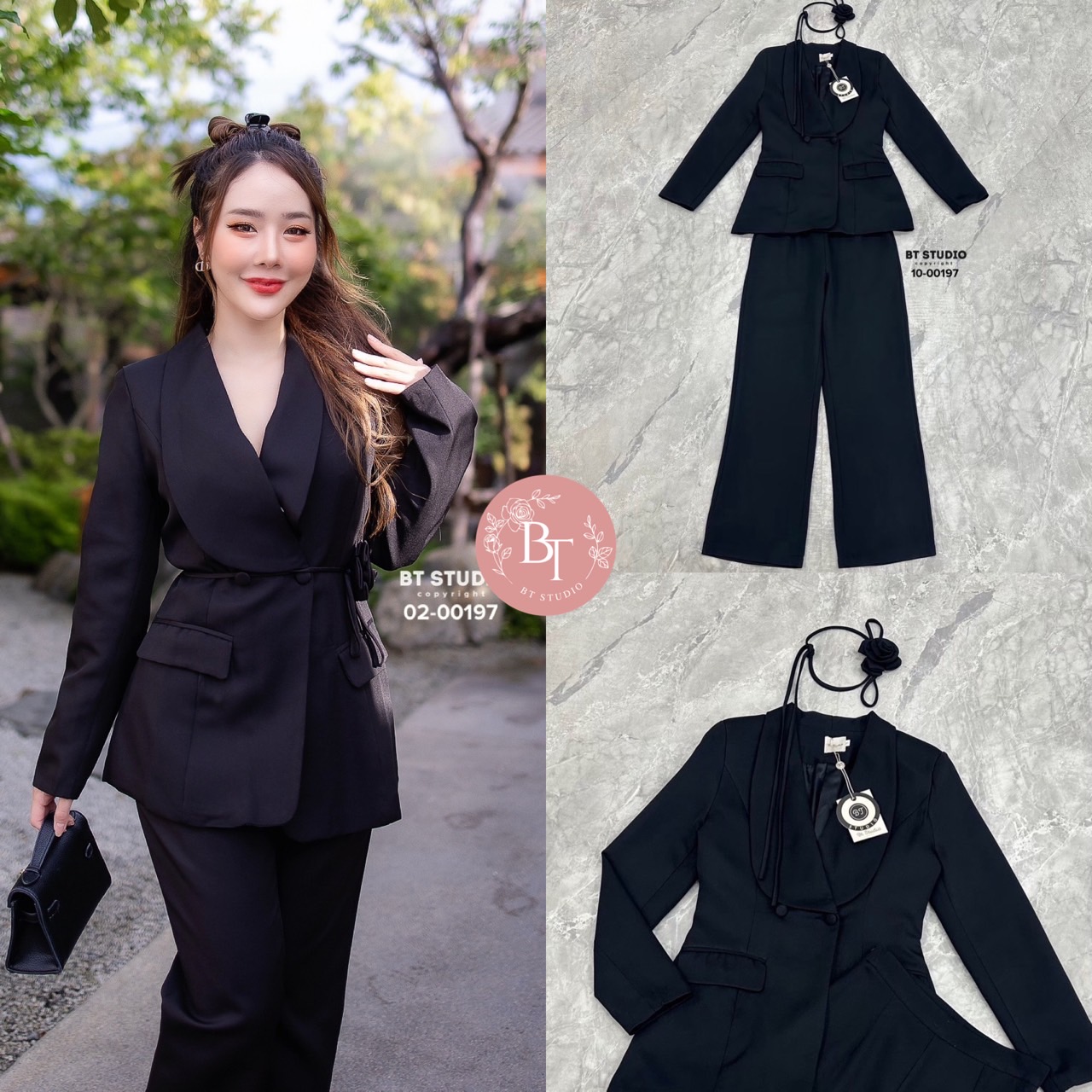 เซท 3 ชิ้น เสื้อเบเซอร์แขนยาวคอปกใหญ่ แต่งกระดุม 2 เม็ดกระเป๋าข้างใช้งานได้จริงมาพร้อม โชคเกอร์ผูกรอบคอหรือใส่เป็นเข็มขัดติดดอกกุหลาบก้สวยมาก ๆ แมทซ์กับกางเกงขายาวกระเป๋ากางเกงใช้งานได้จริง