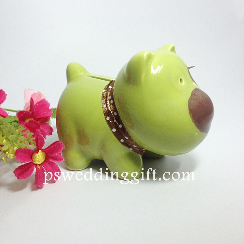 กระปุกหมาออมสิน เลือกสีได้ พร้อมสกรีนชื่อ แพ็คกล่องผูกโบว์