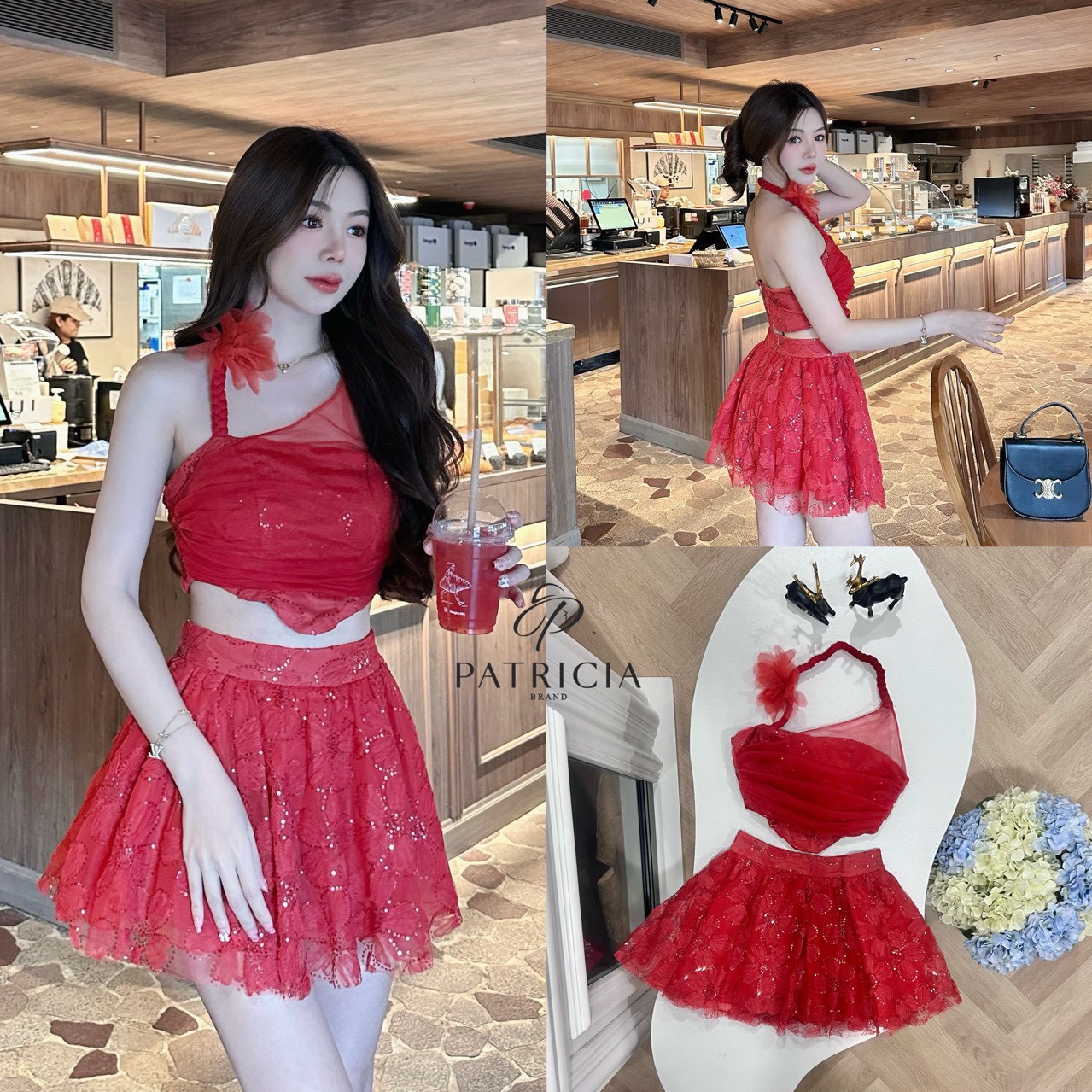 Set 2ชิ้น เสื้อ+กระโปรง🔥 เซ็ทนี้ตัวเสื้อเป็นทรงเกาะอกเข้ารูป ด้านบนจะมีสายถักติดดอกไม้เก๋ๆไว้สำหรับคล้องคอ ใช้ผ้าซีทรูสีแดงและมีซับในด้านในมีฟองน้ำอย่างดี เป็นงานซิปหลัง✨✨ มาคู่กันกับกระโปรงสีแดง ใช้ผ้าลูกไม้เนื้อดี นิ่ม ไม่คัน แลัมี