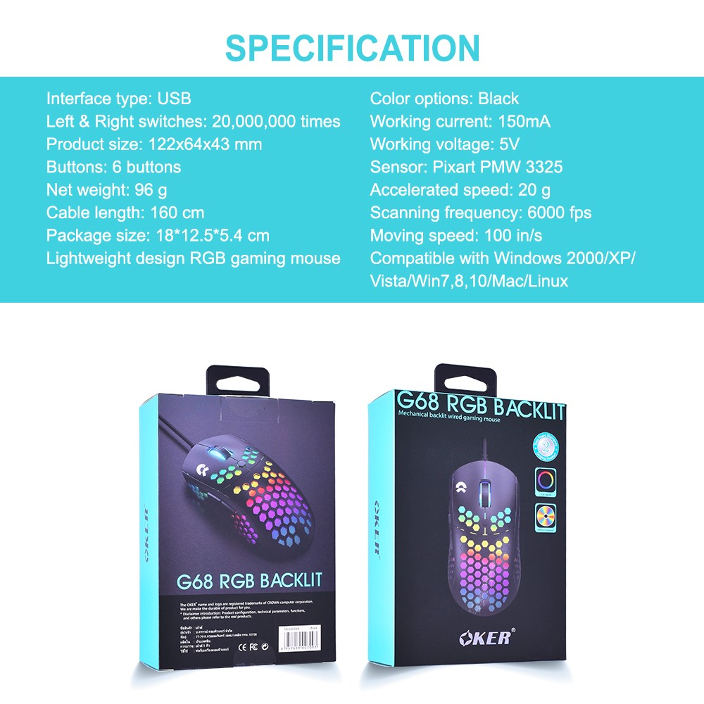 OKER G68 MOUSE MACRO USB 10000DPI ESPORTS GAMING RGB MECHANICAL SKU-02952