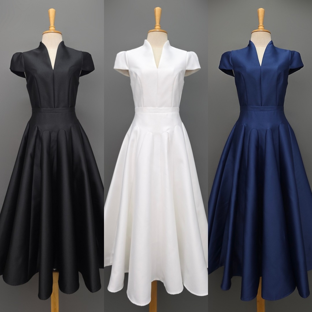 Label : LUXE ☑️เดรสเสื้อคอตั้ง แขนสั้น กระโปรงบาน ☑️ทำจากผ้าไหมดัตเชส ผ้าเนื้อดี เป็นทรง ใส่สบาย