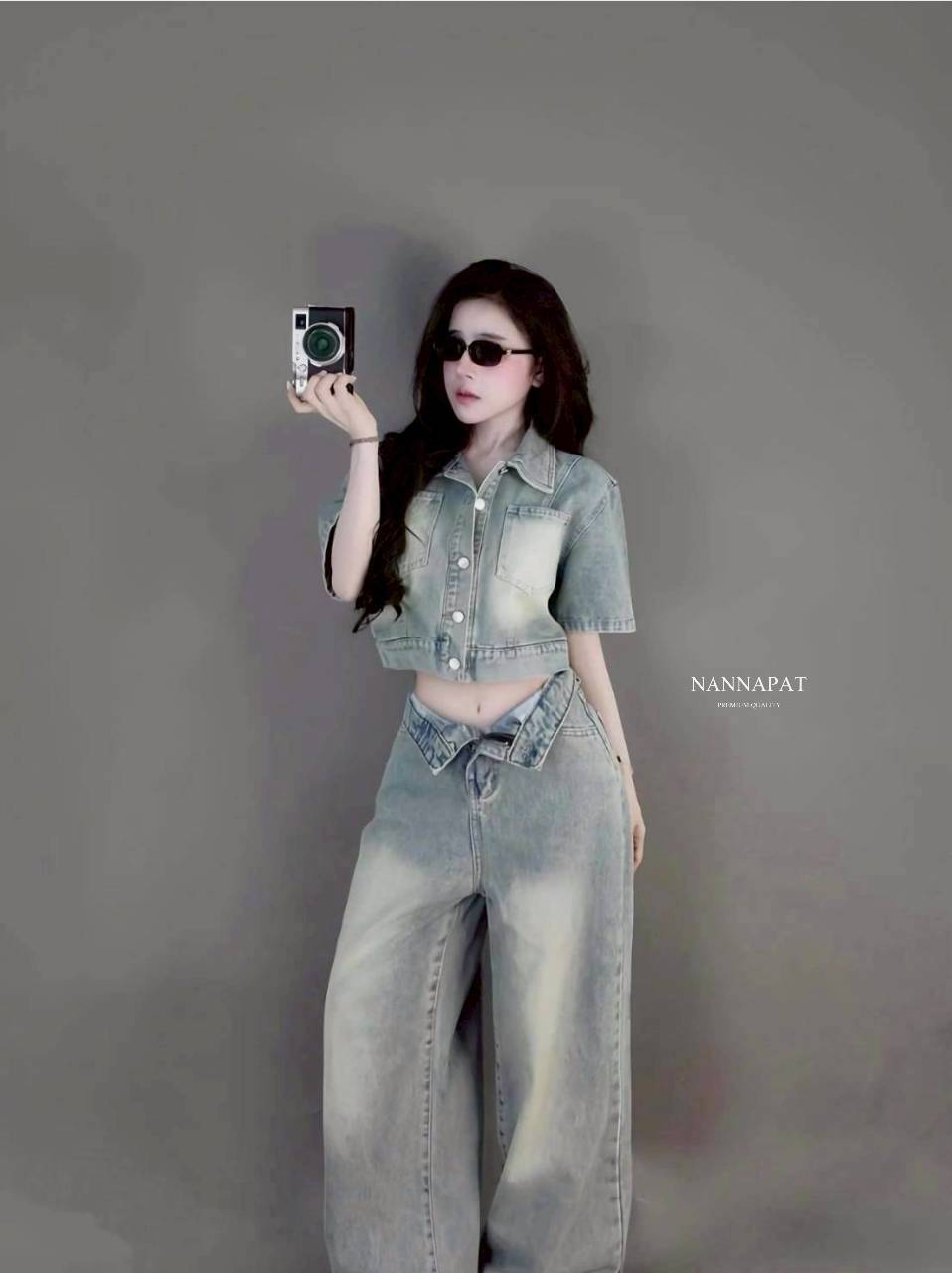 set ยีนส์แท้ฟอกซีดโครตดี เสื้อดีไซน์เก๋ +กางเกงทรงสวยมาก