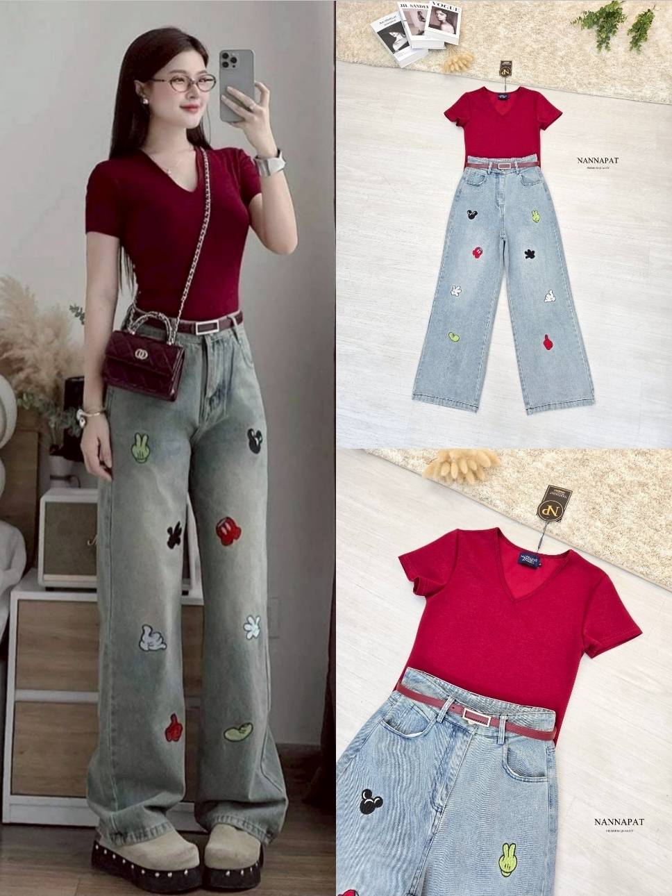 SET 3 ชิ้น เสื้อผ้ายืดนุ่ม +กางเกงผ้ายีนส์แท้ฟอกซีด ทรงสวย +เข็มขัดด้วย