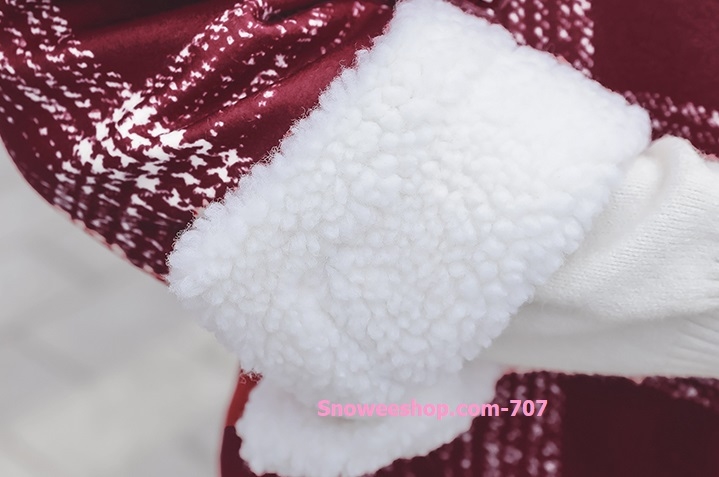 แจ็คเก็ตกันหนาวลายสก็อต ทรงคอตั้งสูงติดเข็มขัด แนวโอเวอไซส์ บุในขนแกะ