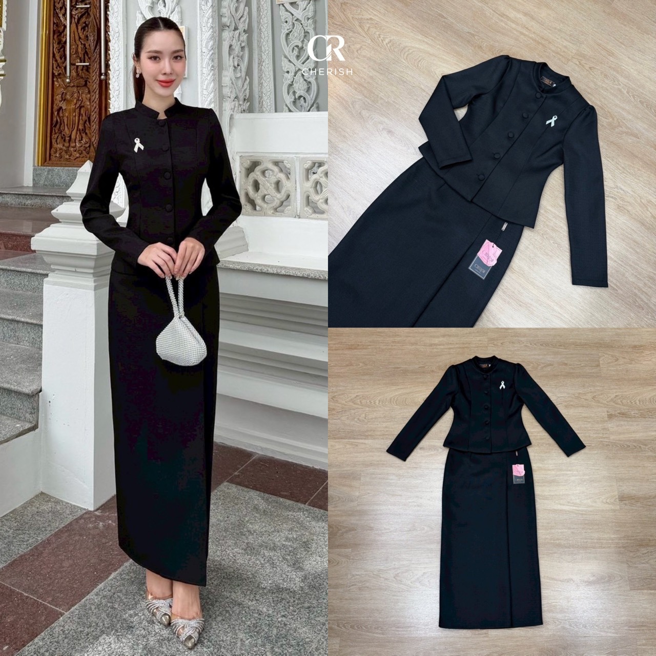 ชุดไทยจิตรลดางานผ้าทวิตพรีเมี่ยม เซ็ท 3 ชิ้น เสื้อแขนยาว ตกแต่งกระดุมหน้า กระโปรงผับจีบหน้า ผ่าหลังพร้อมซับในอย่างดี มีเเข็มกลัดเพชรแถมให้ด้วย ชุดสวยสุภาพ งดงามอย่างไทยค่ะ