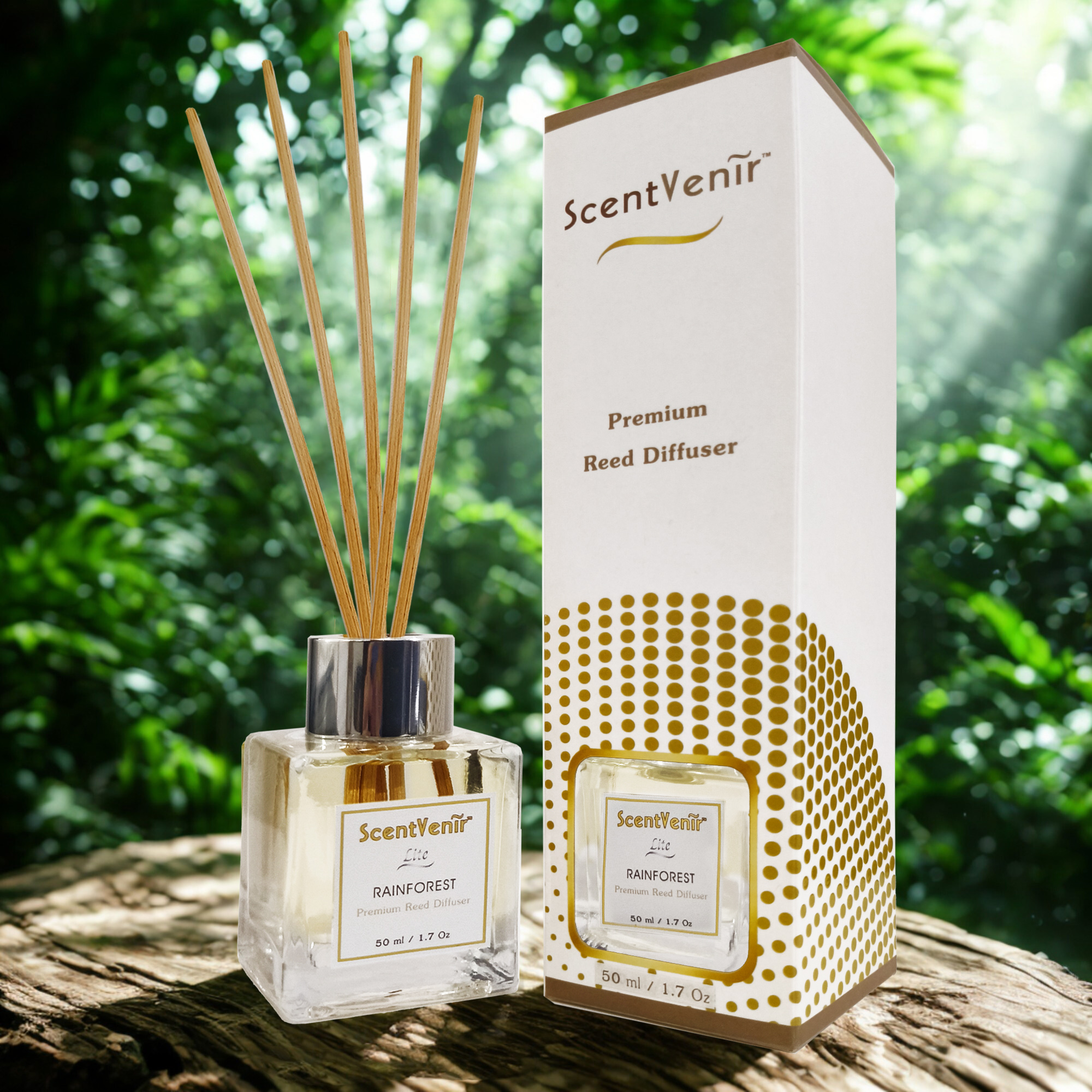 RAINFOREST Scent Diffuser (Lite) น้ำหอมกระจายกลิ่น น้ำหอมปรับอากาศ ก้านไม้หอม กลิ่น เรนฟอเรสท์ สัมผัสกับกลิ่นของสายฝนในป่าเขียว หอมสดชื่น ชุ่มชื้น อโรม่า หอมละมุน แบบเบาๆ สูตรเฉพาะพิเศษด้วยน้ำมันหอมระเหยแท้ผสมกับหัวน้ำหอมเกรดสูง ขนาด 50ml ใช้นาน 1-2 เดือน