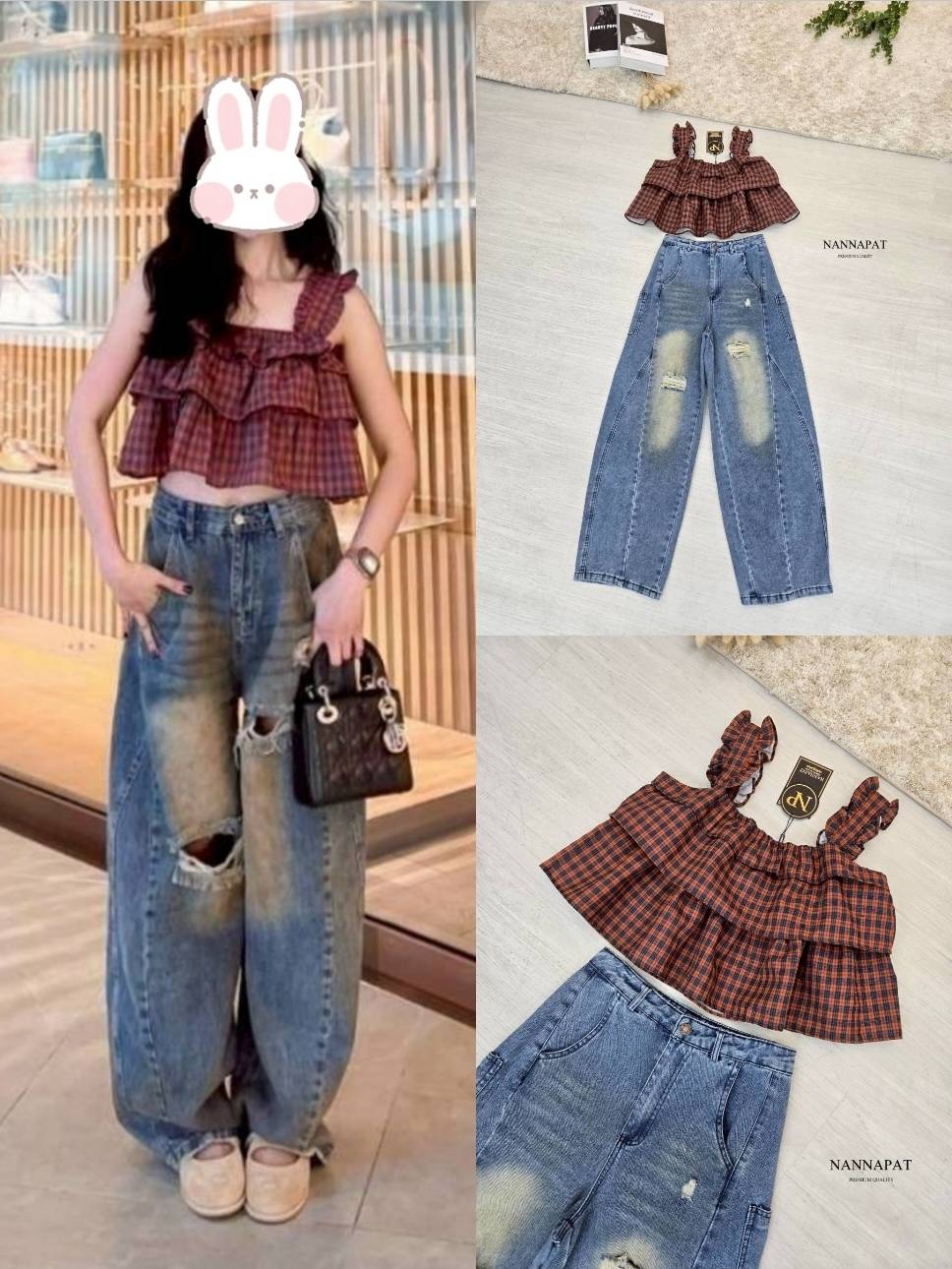 set เสื้อทรงน่ารัก ผ้าลายสก็อตสวย +กางเกงยีนส์แท้ฟอกสนิมอย่างสวย ทรง Barrel สุตฮอต แต่งขาดเท่ๆ อีกมิติของสาวเท่ ต้องได้ต้องโดนนะคะ 🥰🥰🥰
