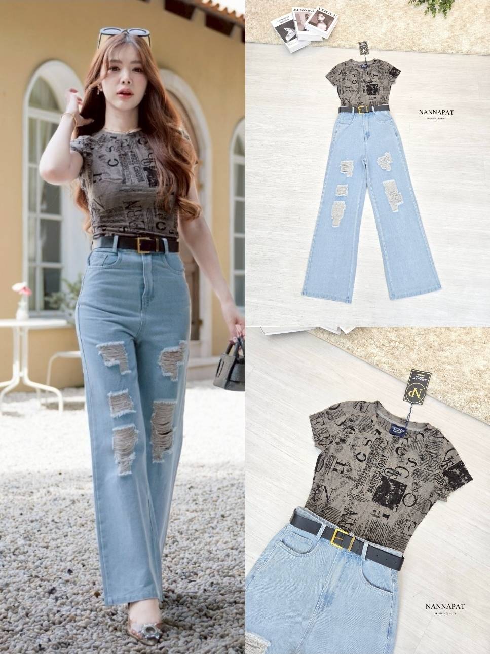 TAG :: NANNAPAT (NP) SET เสื้อผ้ามีเท็คเจอ +กางเกงยีนส์แท้ฟอกซีดแต่งขาดอย่างชิค+เข็มขัดมาให้แม็ช เซ็ทนี้ได้ไป 3 ชิ้น