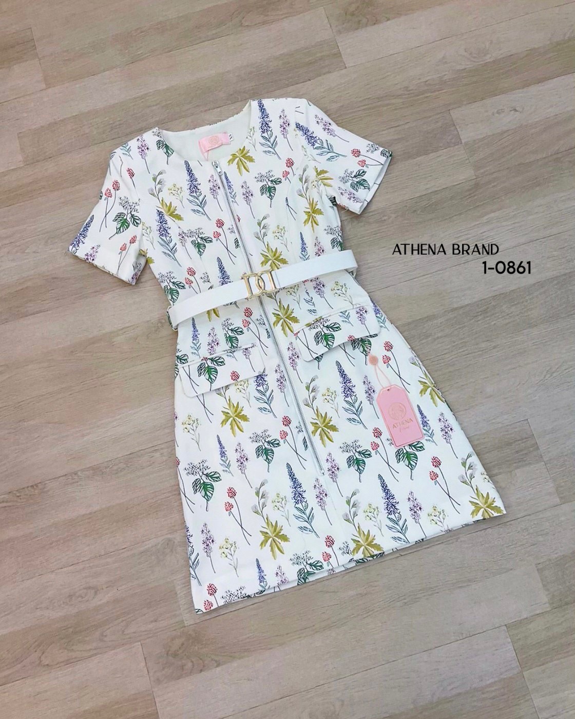 เดรสสั้นงานป้าย Athena สีขาวลายดอกไม้ไฮโซน่ารัก Size M