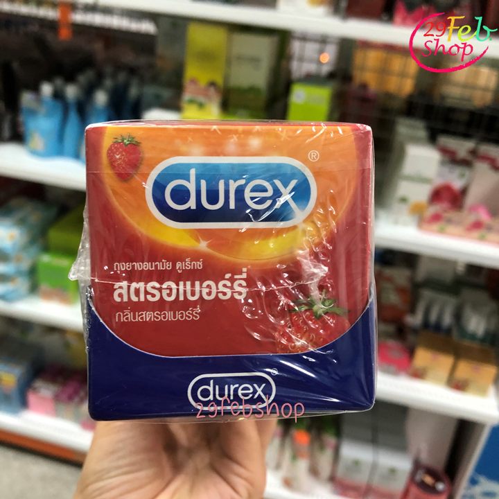 Durex Strawberry Condom 52.5mm x 3 ชิ้น ถุงยางอนามัย ดูเร็กซ์ สตรอเบอร์รี่