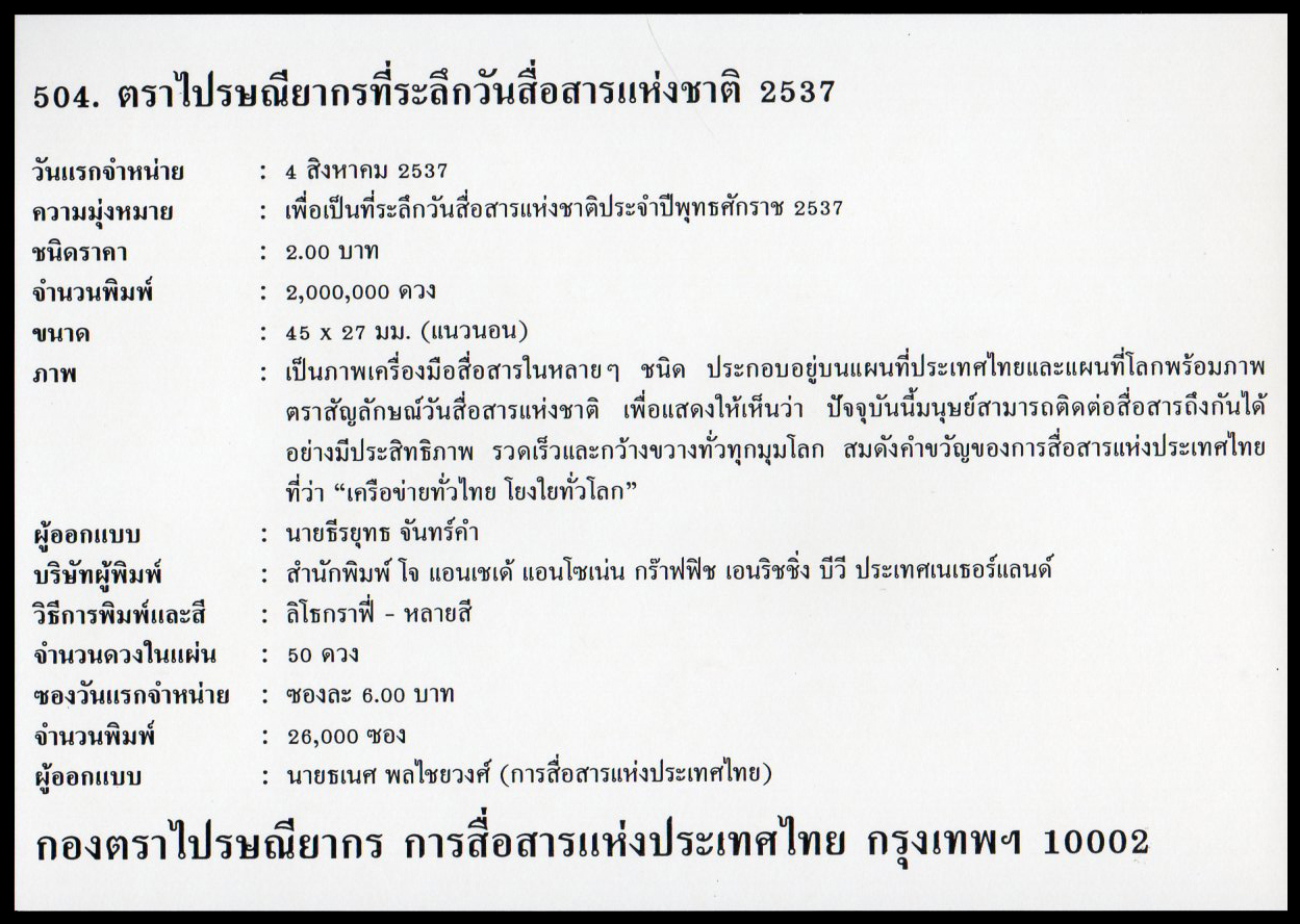 ซองวันแรกจำหน่ายวันสื่อสารแห่งชาติ 2537