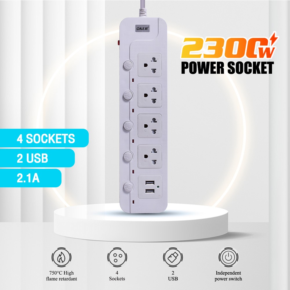 Oker PC-3879-2U OKER ปลั๊ก4เต้า 5สวิทย์ 2USB สาย 5เมตร PC-3879-2U 5เมตร PG-OK-05-3879U