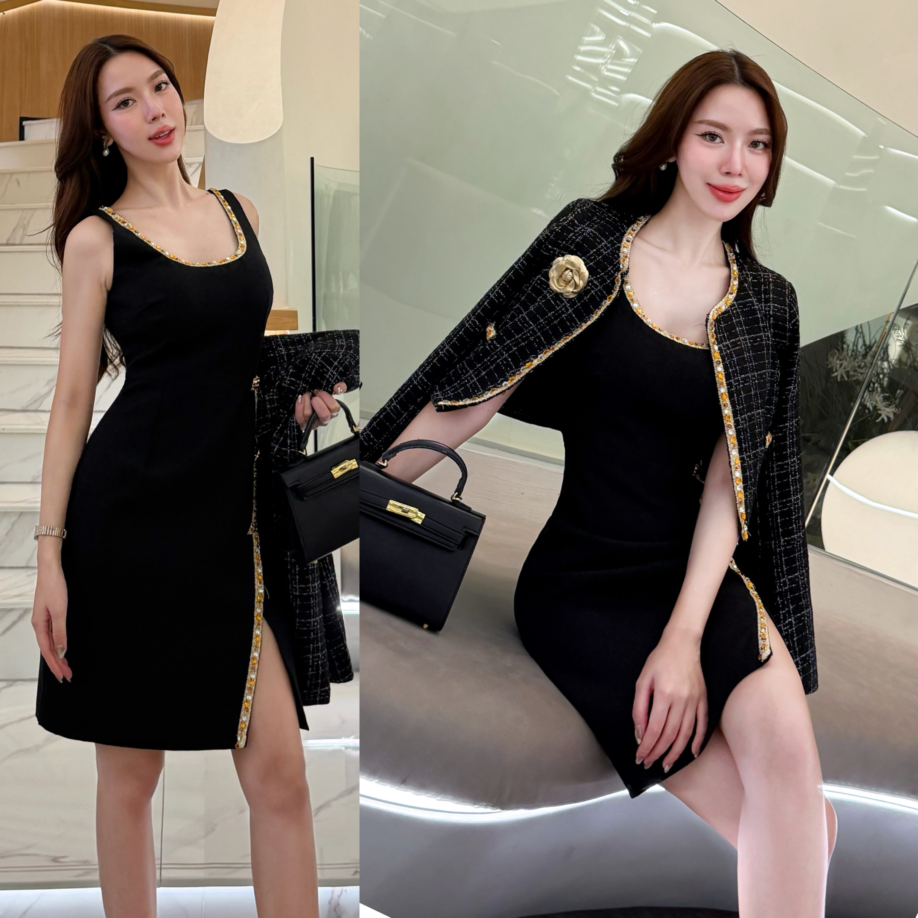 เซ็ทเดรสพร้อมแจ็กเก็ตผ้าทวีด (Tweed Elegant Set) 🖤