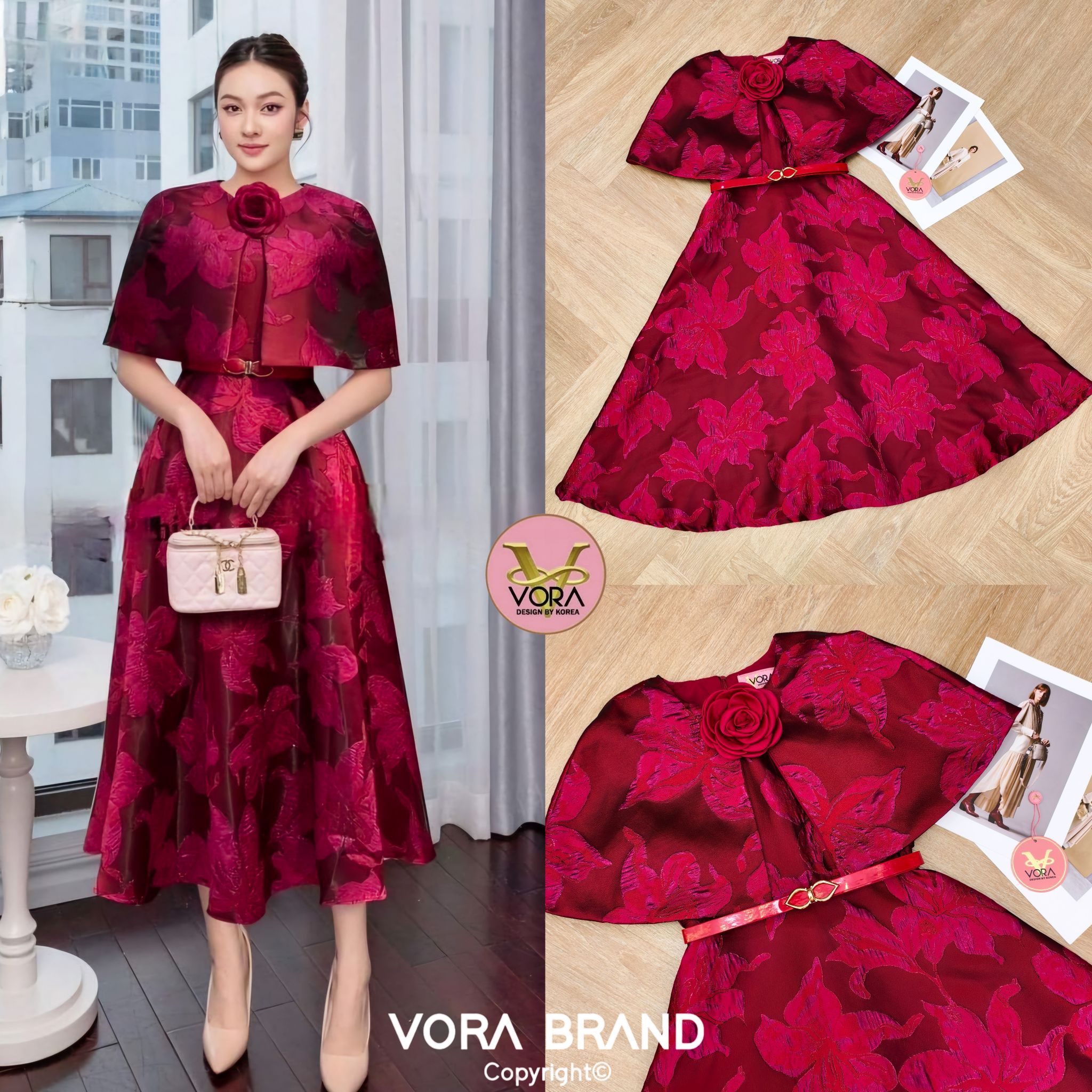 Dress ยาวแขนกุด แต่งผ้าคลุมไหล่ มีเข็มกลัดดอกไม้แต่งช่วงคอเสื้อ เอวเข้ารูป กระโปรงบานสวย มีเข็มขัดเข้าชุดให้ด้วยค่ะ คุ้มมากๆ เนื้อผ้าทอ มีtexture สวยมากค่ะ มีน้ำหนักทิ้งตัวสวย มีซับในทั้งชุดค่ะ