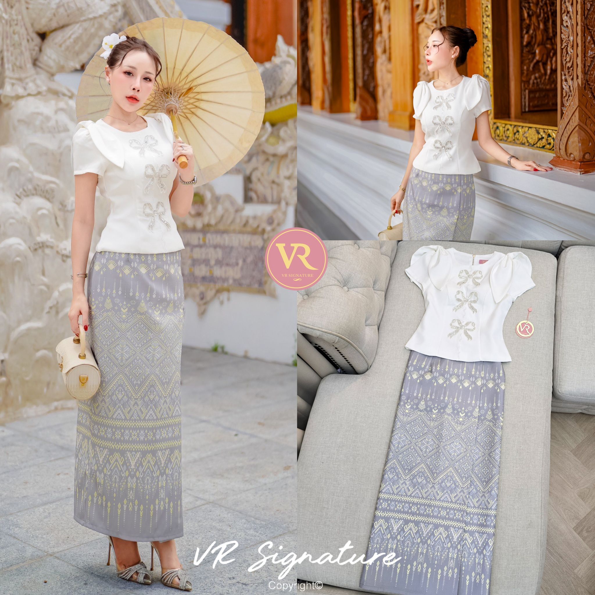 Set เสื้อแขนสั้นแต่งโบว์ ด้านหน้าแต่งโบว์ปักเลื่อมเรียงสวยมากค่ะ มีฟองน้ำจัดทรงให้ด้วยค่ะ ชายเสื้อบานเล็กน้อย แมทช์กับกระโปรงยาวทรงพับจีบทบด้านข้าง เนื้อผ้าพิมพ์ลายไทย มี texture สวยมากค่ะ มีซับใน สามารถใส่แยกกับชุดอื่นได้อีกเยอะเลยค่ะ ต้องจัดนะค่