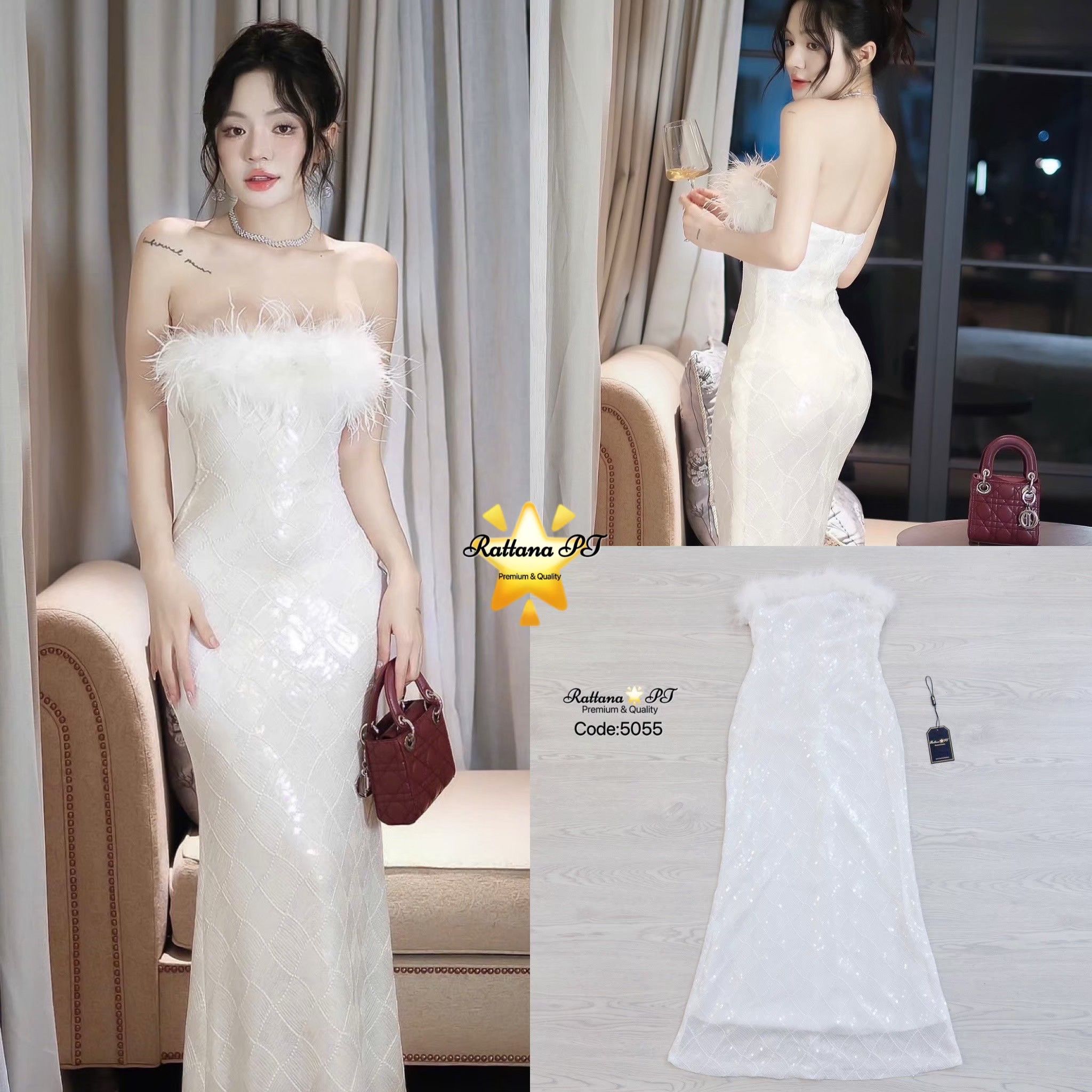 เดรสยาวแต่งขนนกที่หน้าอก ผ้ากริสเตอร์ ละมุนที่สุดเรียบหรู จะใส่ออกงาน ออร่าพุ่ง สวยเด่นกว่าใคร ใส่แล้วดูงามสง่า เนื้อผ้าดีมากชุดมีซับใน มีกันลื่นฝน มีซิบด้านหลัง ช้าไม่ได้แล้วคร้า