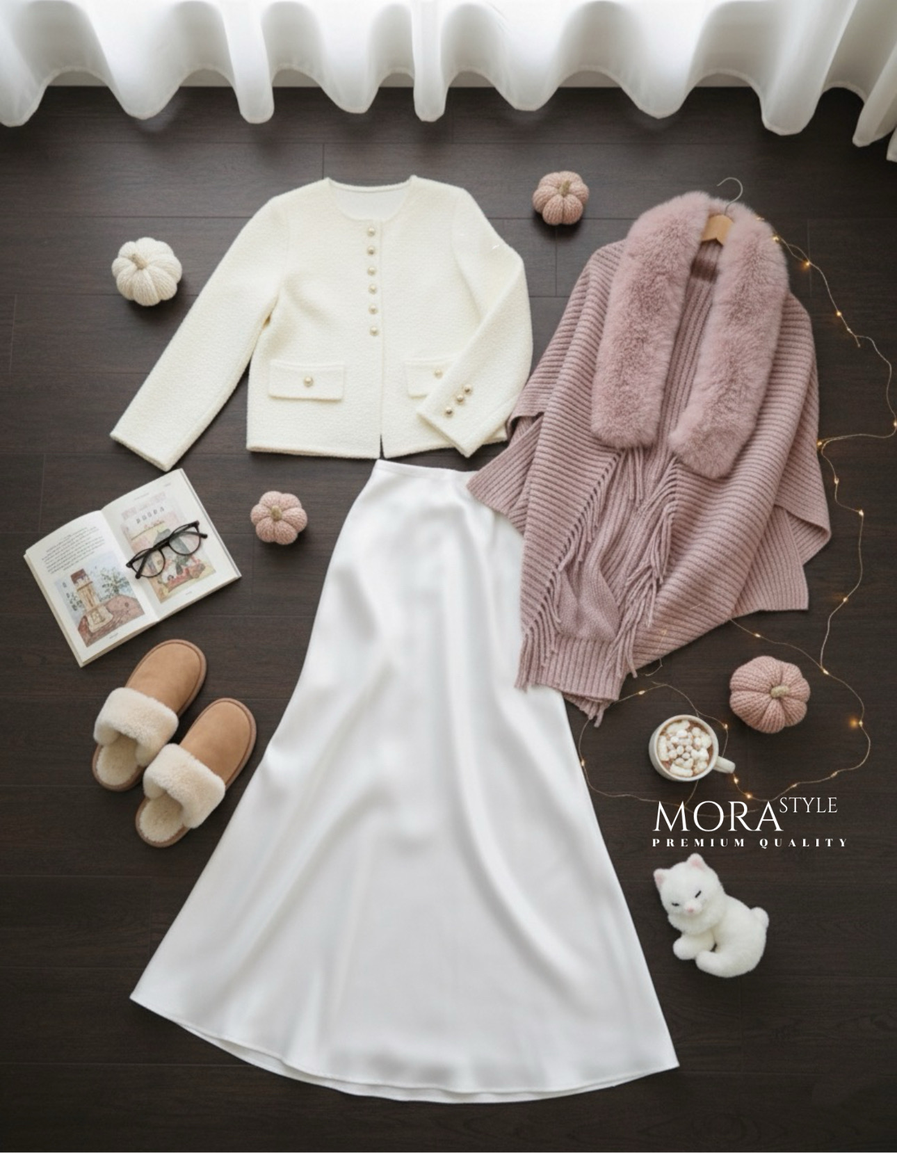 เซ็ต 3 ชิ้น เสื้อคลุมแขนยาว แต่งกระดุมด้านหน้า มีผ้าคลุมไหล่แต่งขนเฟอร์ให้ 1 ผืน มาพร้อมกับ กระโปรงยาวผ้าลื่นทิ้งตัวใส่สบายใส่แมทช์สวยมากค่ะ