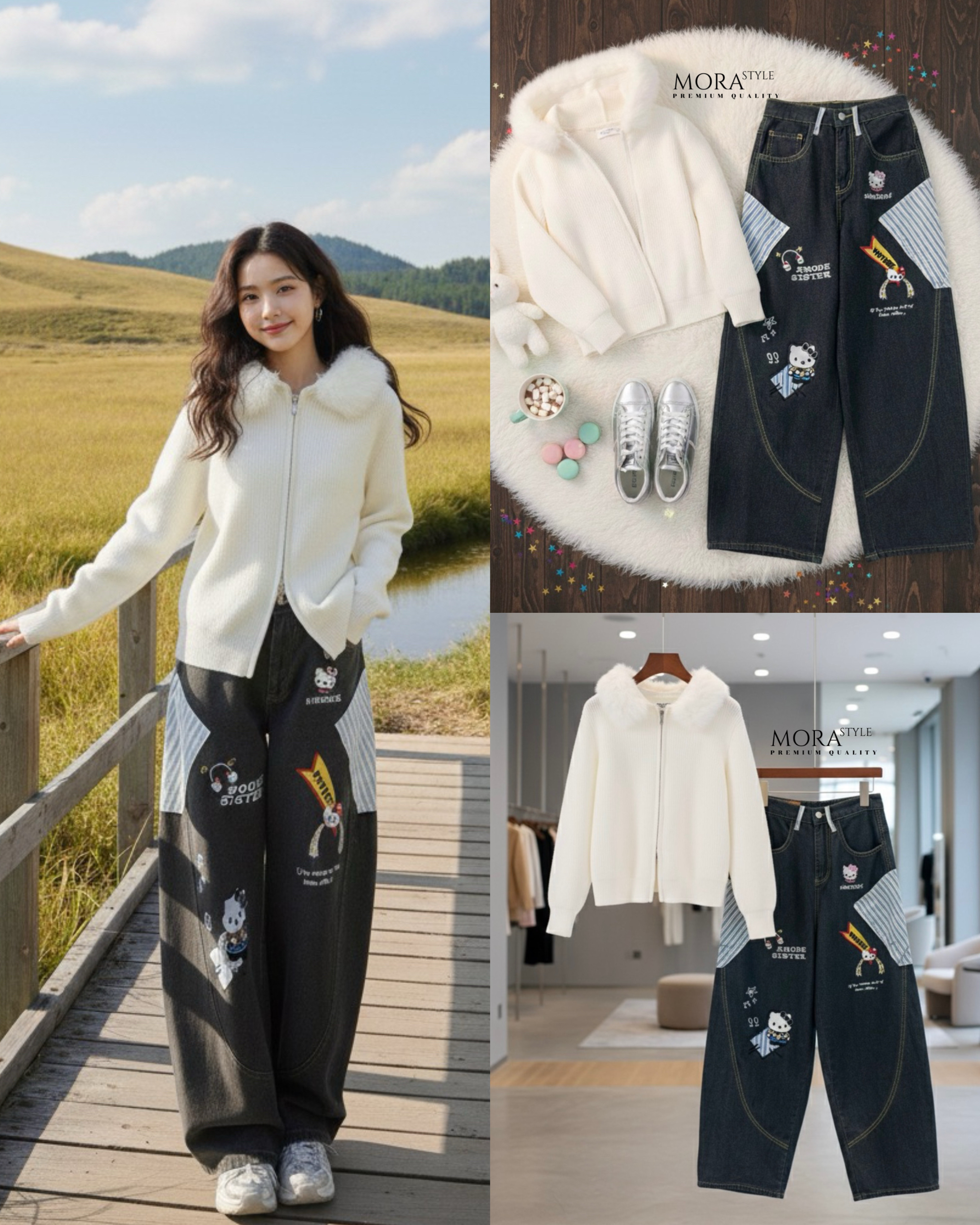 เซ็ท 2 ชิ้น กางเกงยีนส์เอวสูงขากระบอกใหญ่ทรงหลวมมีสม๊อคด้านหลัง ปักน้องการ์ตูนสุดน่ารัก แต่งกระเป๋าลายสก๊อตสีฟ้า มาพร้อมกับเสื้อไหมพรหมแขนยาวแต่งขนเฟอร์ช่วงคอมีซิปรูดด้านหน้าผ้ายืดหยุ่นใส่สบายเป็นอีกหนึ่งคอลเลคชั่นหน้าหนาวนี้ที่ต้องมีติดตู้นะคะ