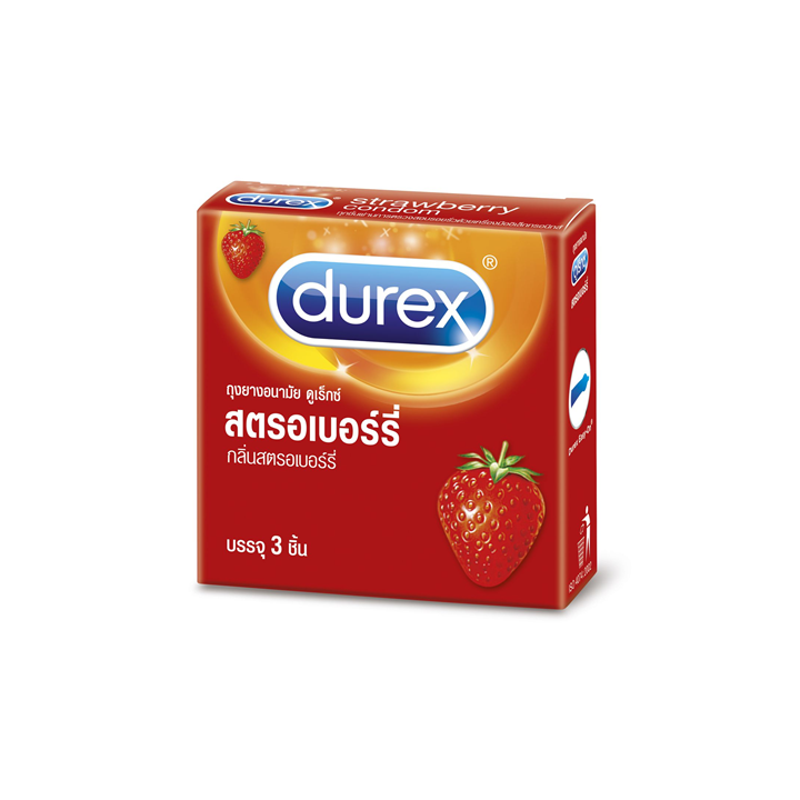 Durex Strawberry Condom 52.5mm x 3 ชิ้น ถุงยางอนามัย ดูเร็กซ์ สตรอเบอร์รี่
