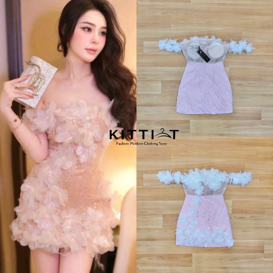 Dress เกาะอก สาย luxury ห้ามพลาดคลอนี้ สีใหม่ล่าสุด โดดเด่นด้วยเนื้อผ้า ผ้ากลิตเตอร์ ทั้งตัวตกแต่งด้วยดอกไม้ผ้าชีฟอง มีฟองน้ำเสริมหน้าอก ซิบหลีง มีแขนข้างเป็นดอกไม้สีขาว รุ่นนี้ใครพลาด เสียใจแน่เลย