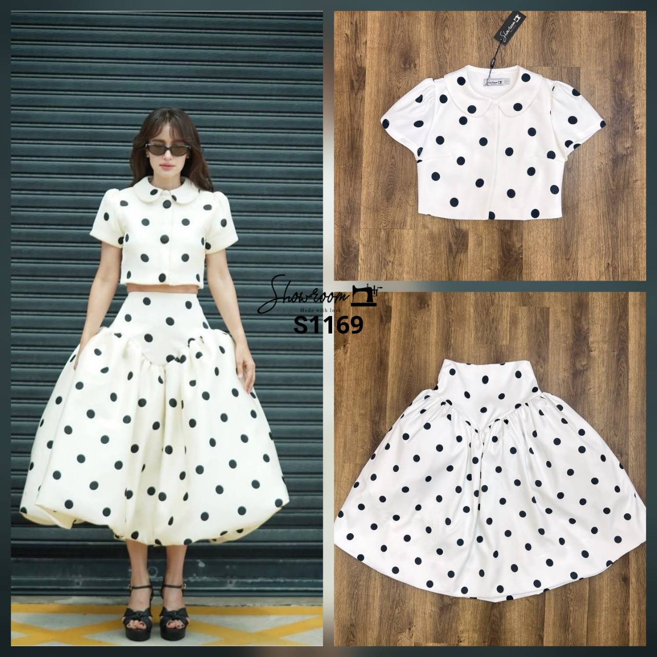 เซ็ตลายจุดโทนสีขาวจุดดำ เนื้อผ้าเกรดพรีเมี่ยมพิมพ์ลายจุด เสื้อทรงครอปปกคอบัวกระดุมหน้า กระโปรงยาวสุ่มพอง ใช้ผ้าอย่างดีในการตัดเย็บ บุซับ อัดกาว ทรงสวย คอมพลีทลุคจบด้วยเซ็ตเดียว #showroombrand #งานป้ายshowroom #งานป้ายคุณภาพดี #งานแฟชั่น #เสื้อผ้างานป้าย #