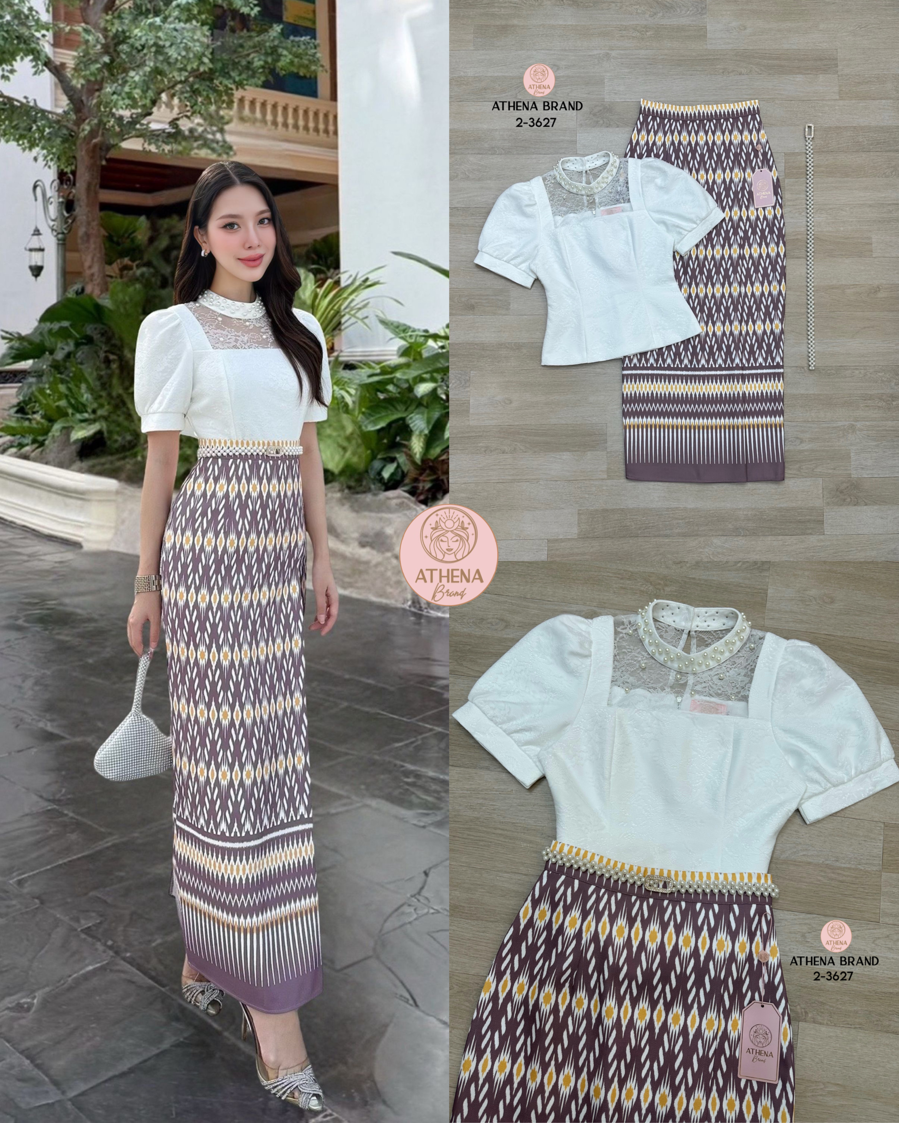 ag 🔖 :Athena (อธีน่า) Brand Detail :: เสื้อ+กระโปรง+เข็มขัด Set 3 ชิ้น เสื้อลูกไม้ดีไซน์สุดเก๋ตกแต่งไข่มุกสวยหรูหรา งานมีซับใน สวมใส่แบบซิปด้านหลัง แมตช์มาคู่กับกระโปรงพิมพ์ลายป้ายทบคล้ายงานผ้าซิ่นป้ายสำเร็จทรงเข้ารูป เนื้อผ้าดี๊ดีมีTexture งานมีซ