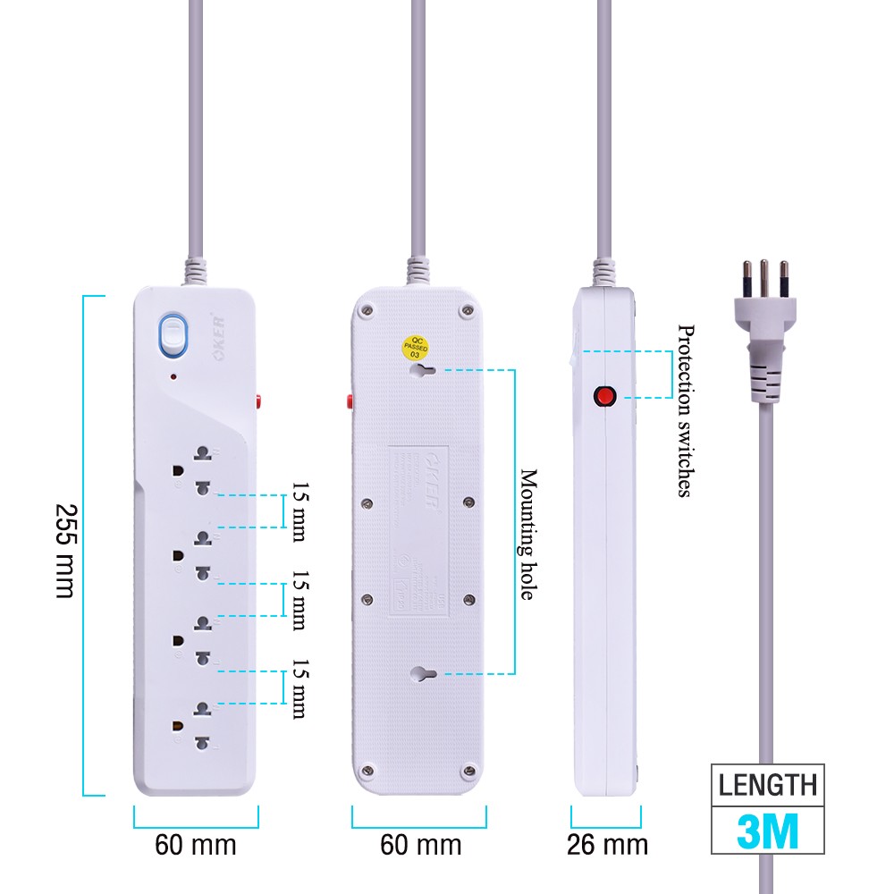 Oker Oker PC-2982 /3 เมตร ปลั๊กไฟ 4เต้า 1สวิตซ์ มาตราฐาน มอก. PC-2982 3เมตร PG-OK-03-2982W