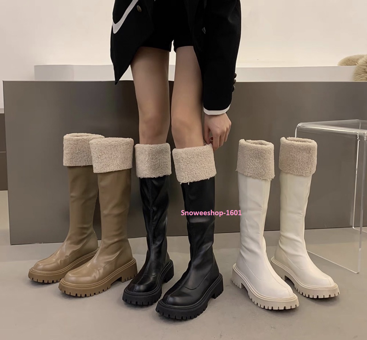 รองเท้าบูทยาวกันหนาวแต่งขนแกะ บูทยาวหนังพียูพื้นกันลื่นใส่ลุยหิมะ กันลม กันน้ำ กันหนาวติดลบได้ดี ไม่บีบเท้าใส่สบายเหมาะเดินนาน ซิปด้านหลัง