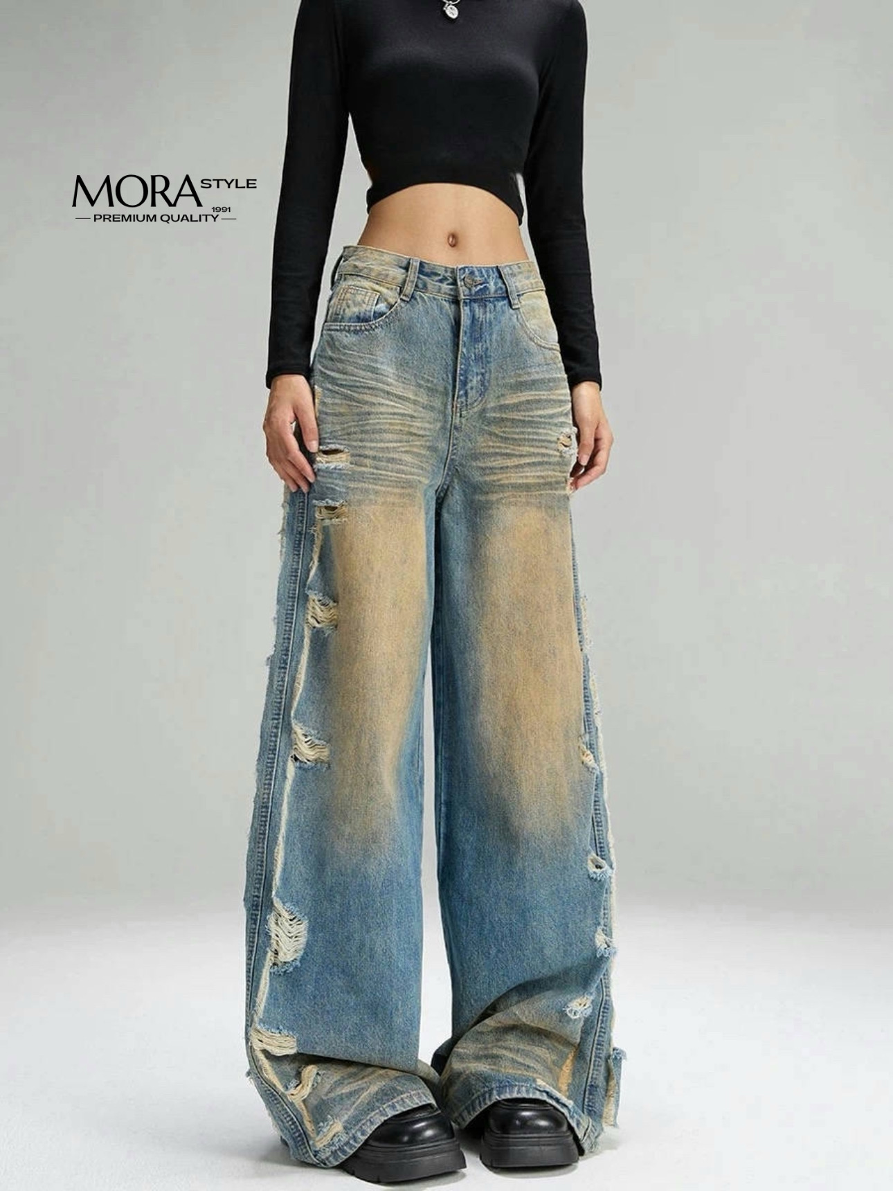 เซ็ต 2 ชิ้น เสื้อครอปแขนยาว ผ้ายืดหยุ่น งานสวยจึ้ง มาพร้อมกับกางเกงยีนส์เอวสูงขากระบอก ฟอกสี แต่งขาดด้านข้าง สายเท่ๆคูลๆแนะนำรุ่นนี้เลยค่าา