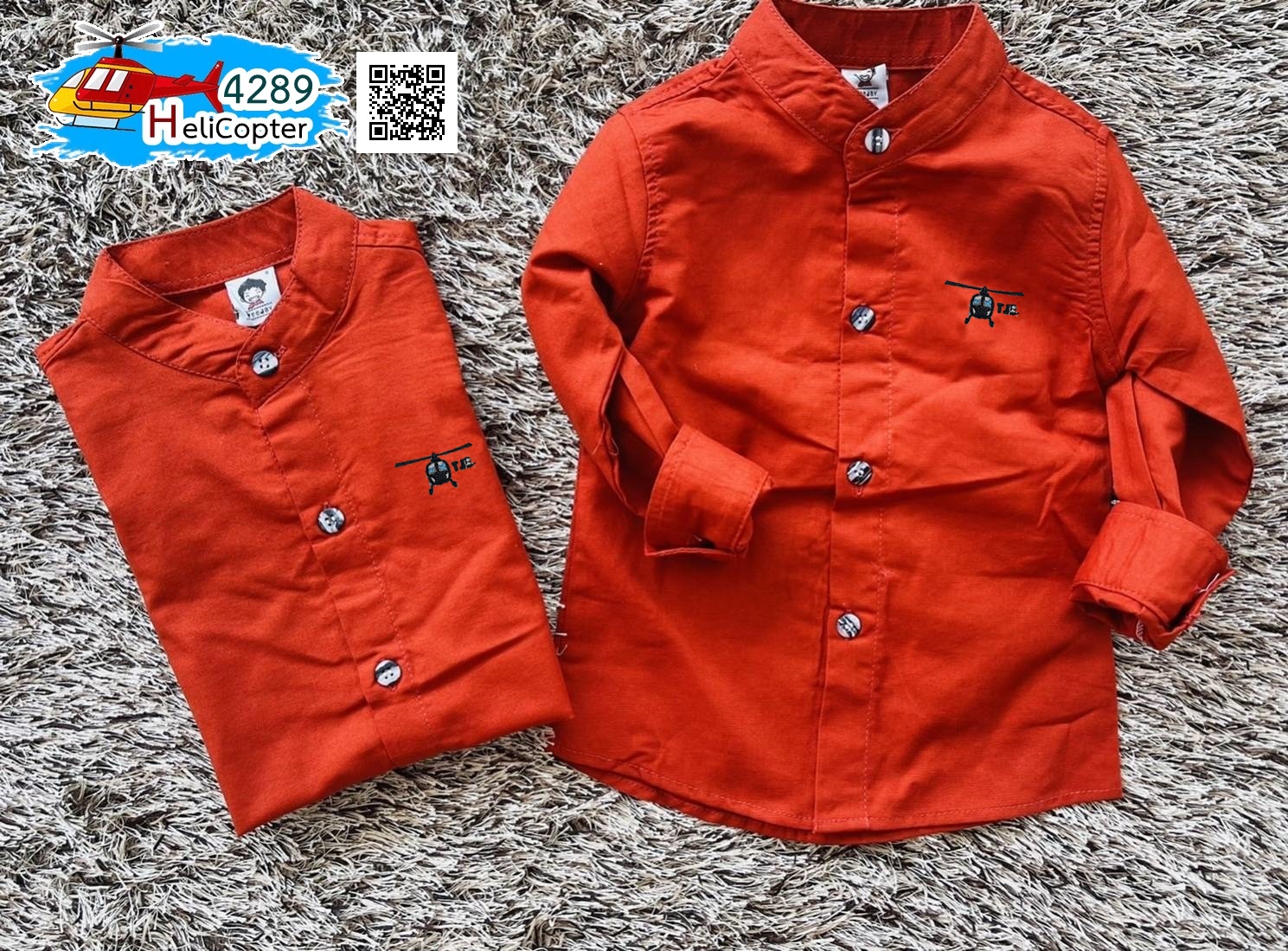 HC เสื้อเชิ้ต แขนยาว ปักคอปเตอร์ สีส้มอิฐ คอจีนเด็ก 8 เดือน - 8 ขวบ