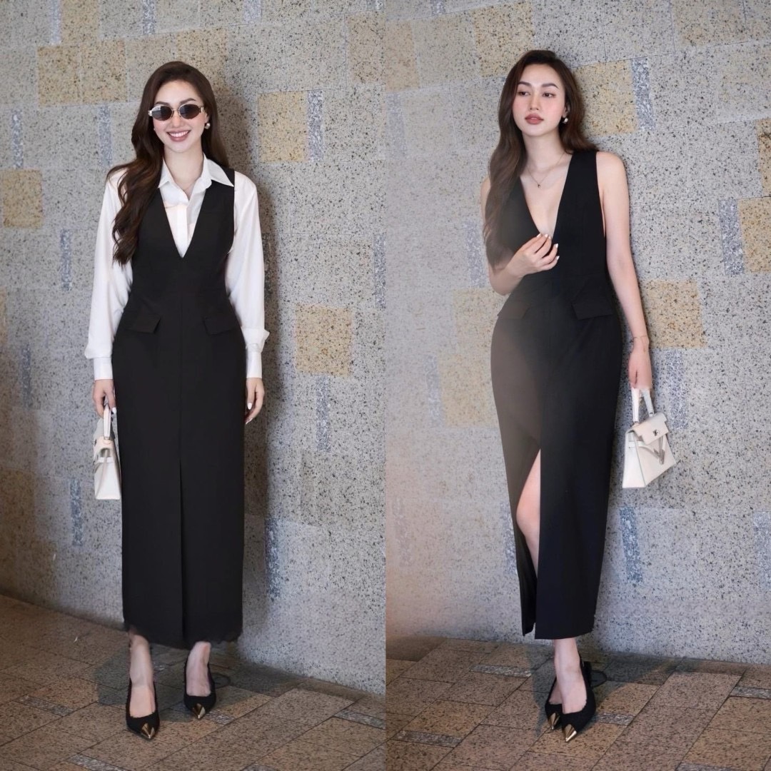 Set 2 ชิ้น เสื้อเชิ้ตสีขาวแขนยาวทรพอดีตัวมีกระดุมด้านหน้าใช้งานได้จริง มาพร้อมกับเดรสยาวสีดำคอวีลึกแขนกุดทรงพอดีตัว ( ไม่เสริมฟองน้ำ มีซิปหลังอย่างดี ) ช่วงกระโปรงทรงตรงยาวผ่าด้านหน้า มีกระเป๋า2ข้างล้วงได้ ด้านหน้าแต่งปกกระเป๋าหลอกเก๋ๆ และยังมีเข็มขัดหนัง