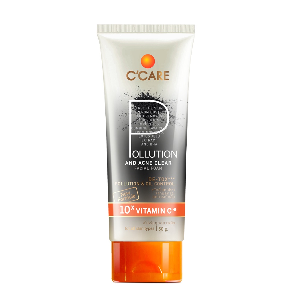 C’CARE POLLUTION AND ACNE CLEAR FACIAL FOAM (50 g) สูตร DE-TOX POLLUTION & OIL CONTROL โฟมล้างหน้า ลดสิว