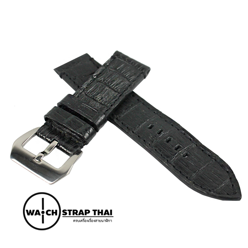 สายนาฬิกาหนังจระเข้แท้สำหรับ Panerai (Pam) Genuine Crocodile Leather Watch Strap Black ด้ายดำ ขนาด 24mm
