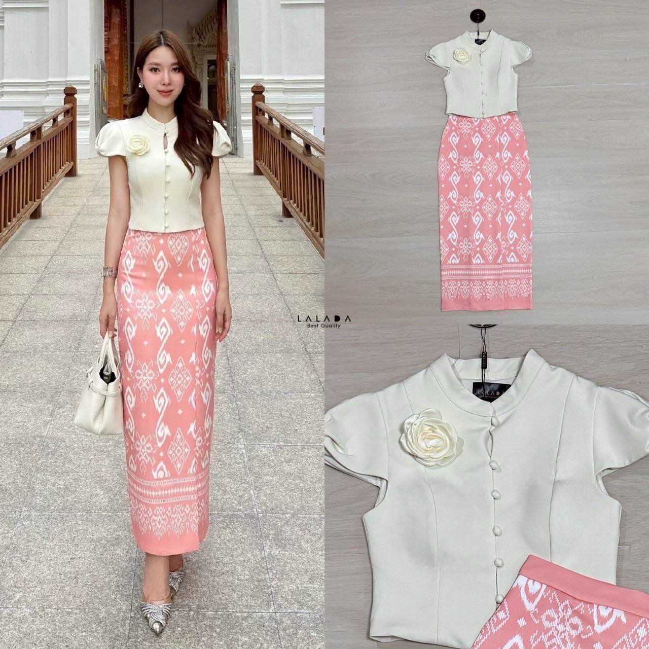 set 2 ชิ้น ผ้าไทย ชุดไปทำบุญ ชุดไปงาน พร้อมส่งค่า เสื้อคอกลมสีครีมงานกระดุมหน้า + เข็มกลัดดอกไม้ มีดีเทลที่ช่วงแขน ผ้าถุงสำเร็จ ผ้าพิมพ์ลายใส่ลื่นนุ่มสบาย